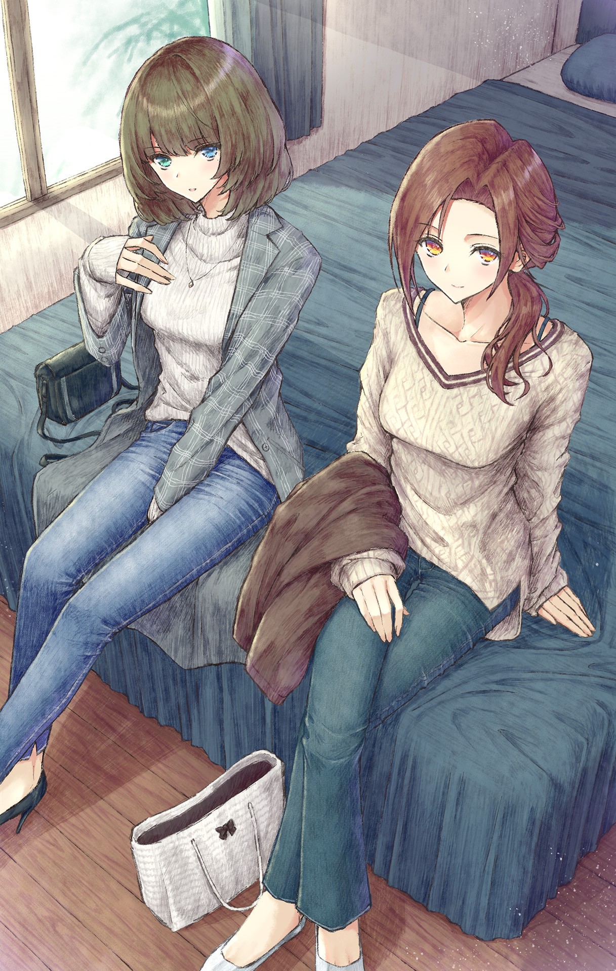 Two anime girls in jeans and sweaters sitting on a bed HD Phone Wallpaper