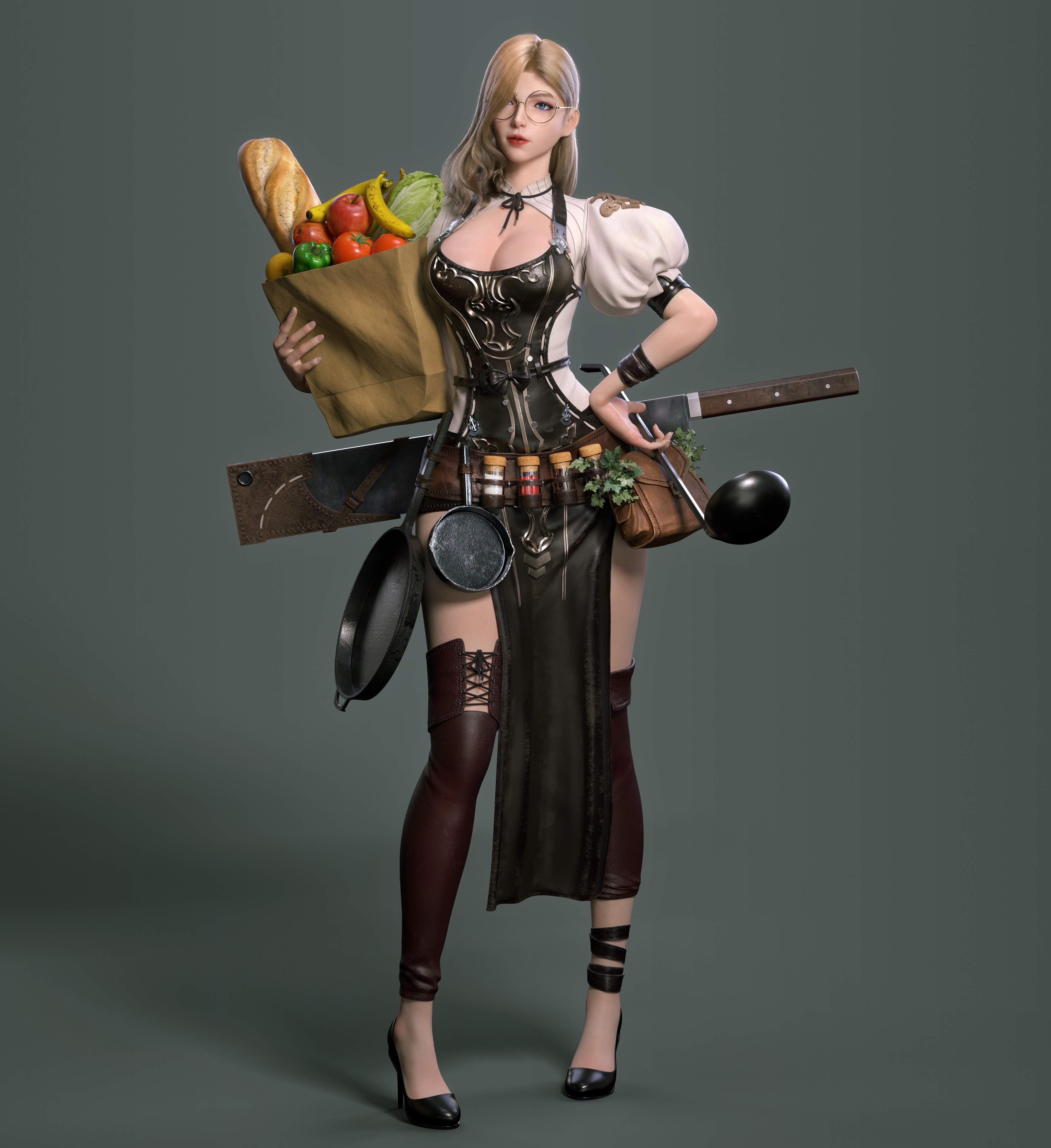 Fantasy woman with groceries and cooking tools HD Phone Wallpaper