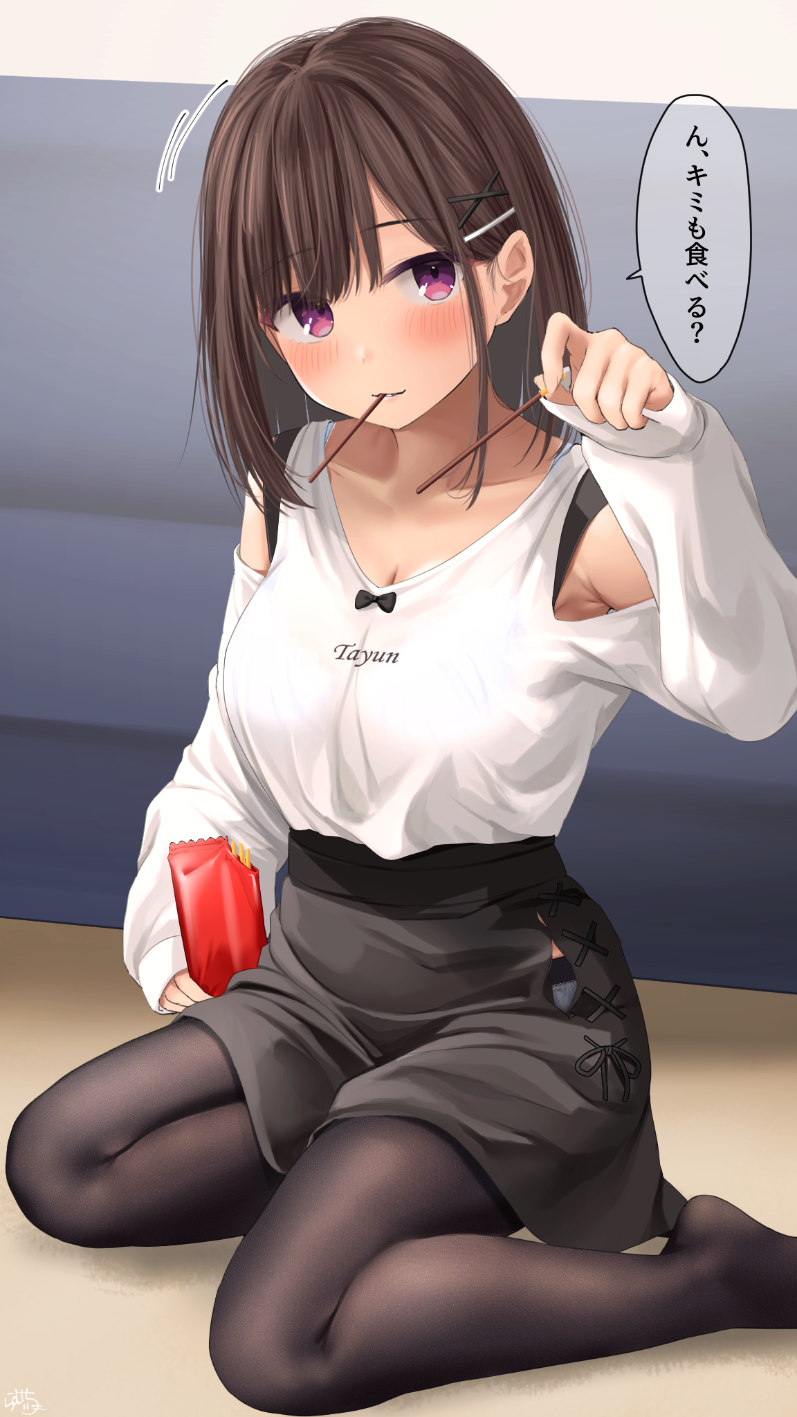 Anime girl eating Pocky with a bag of snacks HD Phone Wallpaper