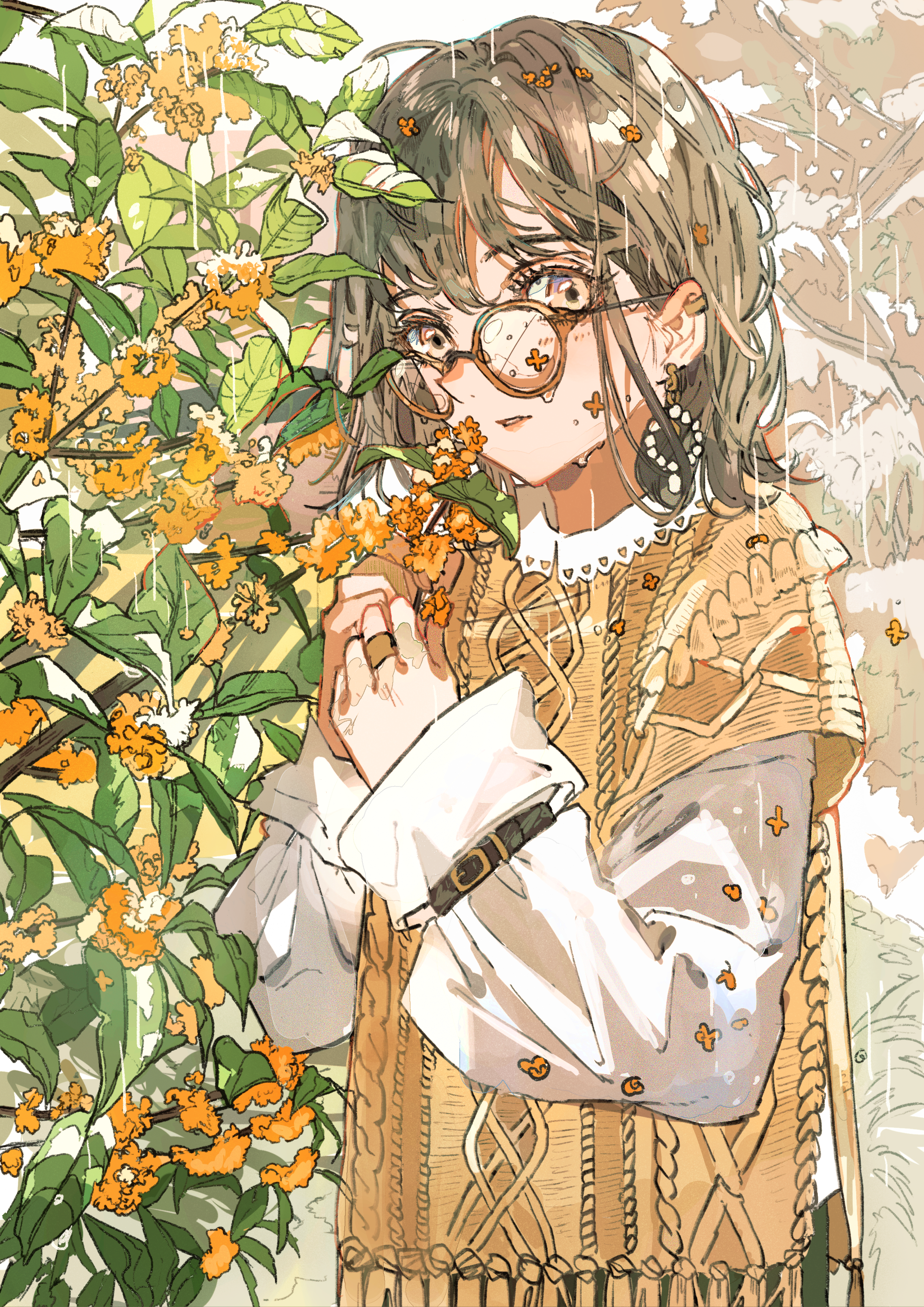 Anime girl with glasses and flowers HD Phone Wallpaper