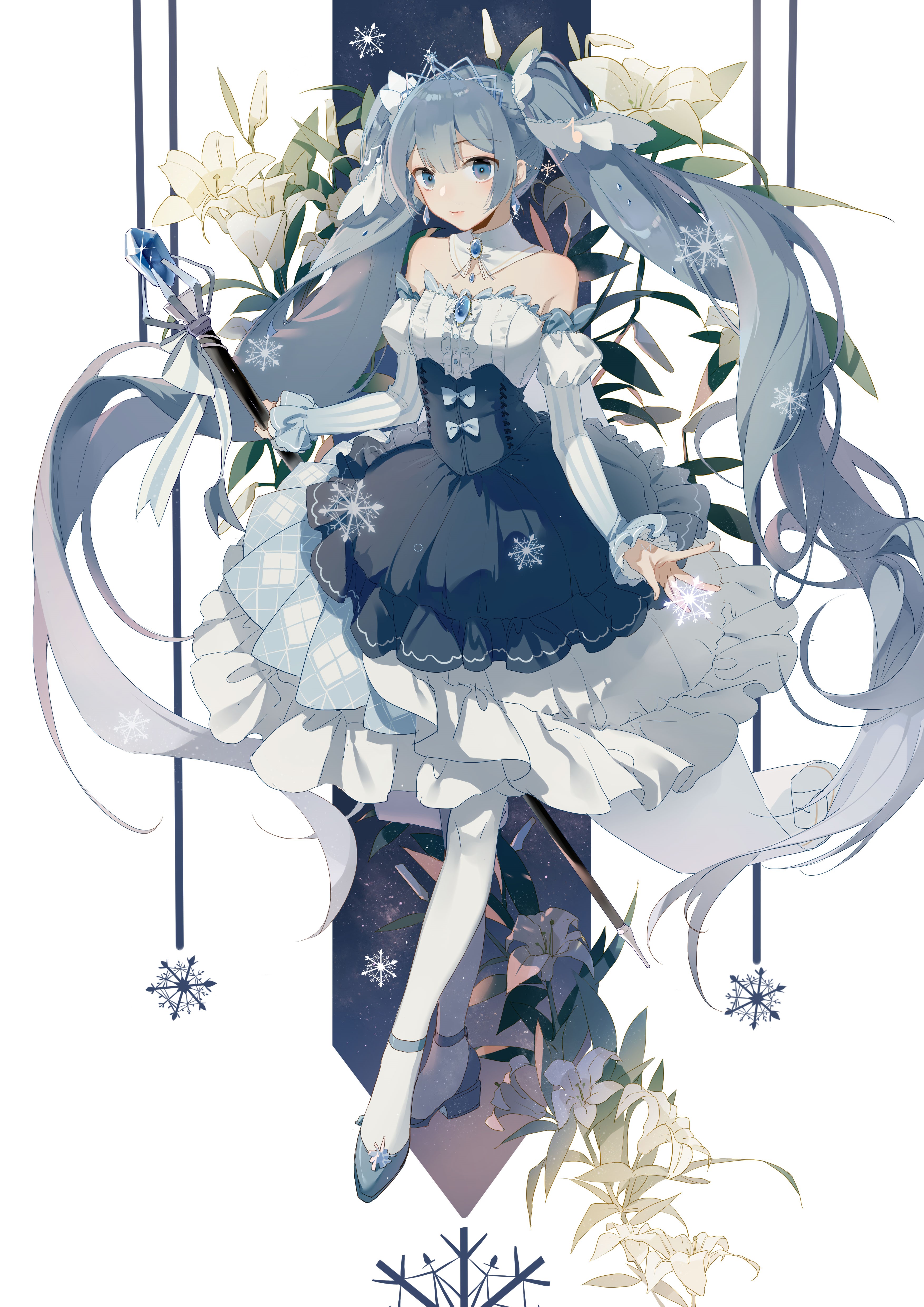 Hatsune Miku in a winter-themed dress with lilies HD Phone Wallpaper