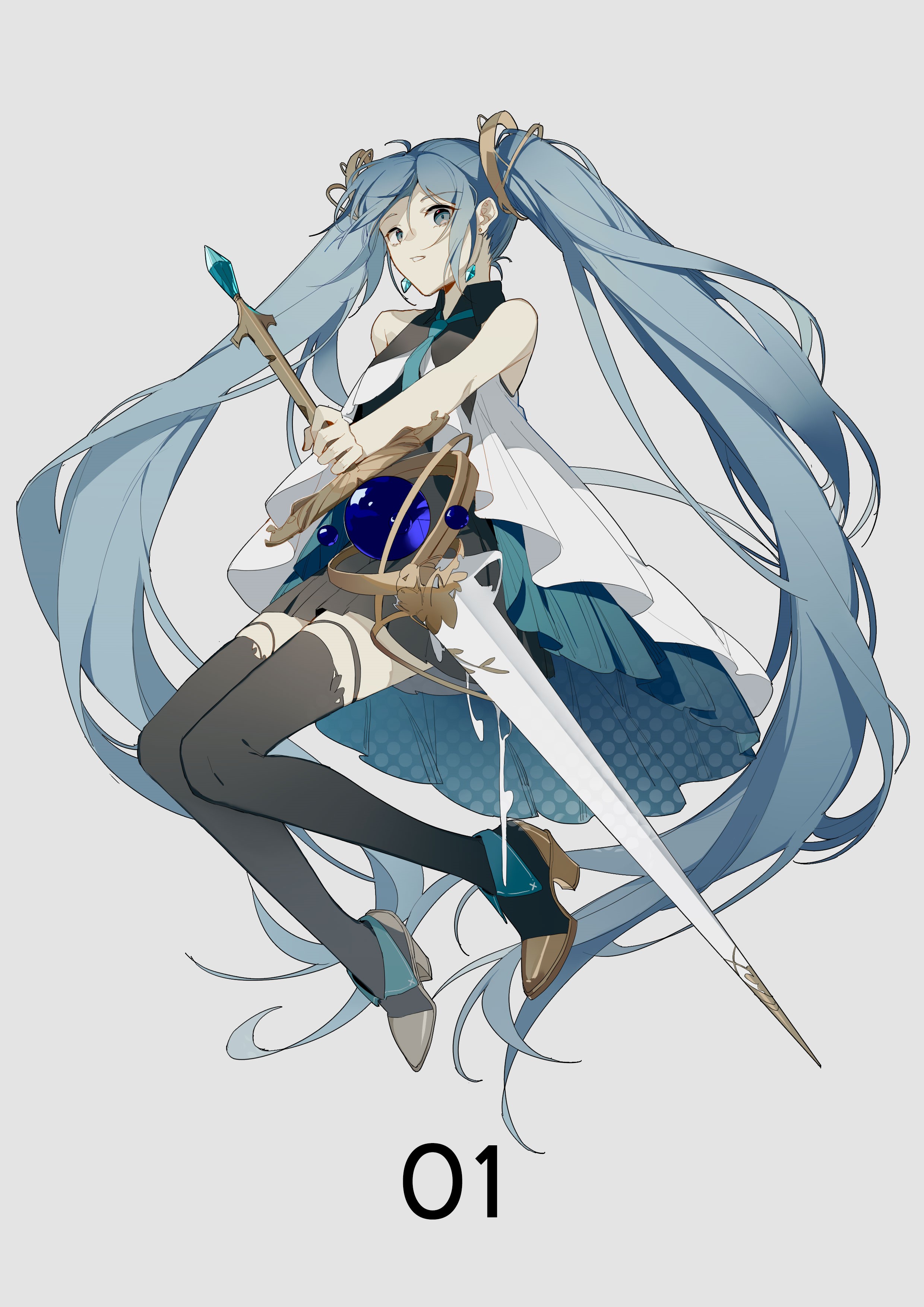 Hatsune Miku from Vocaloid with sword and staff HD Phone Wallpaper