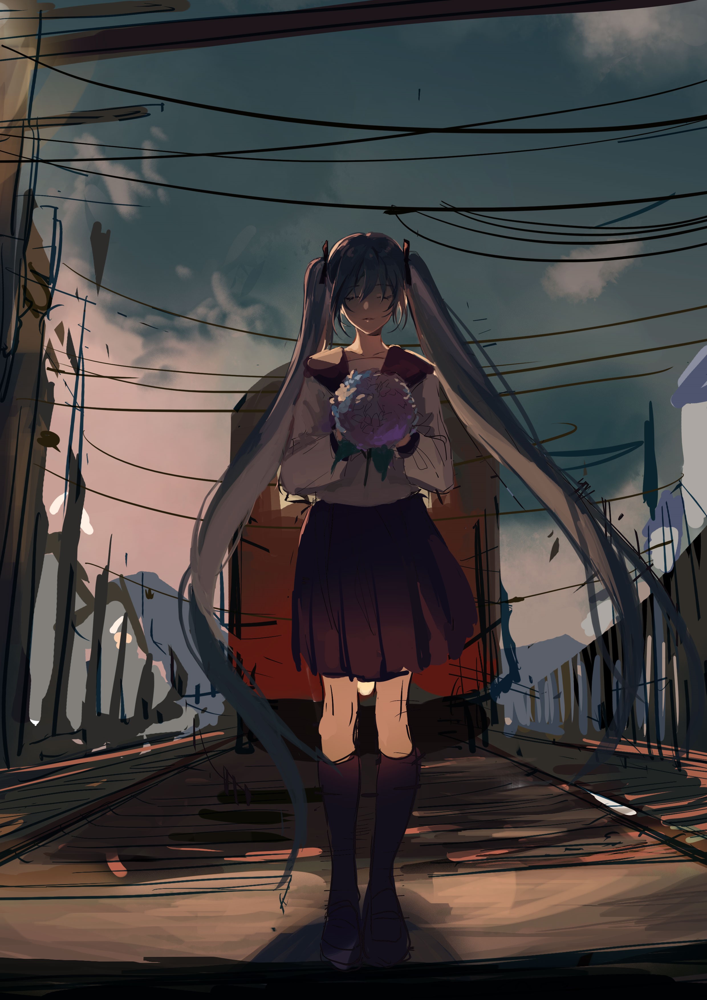 Hatsune Miku holding a bouquet on train tracks HD Phone Wallpaper