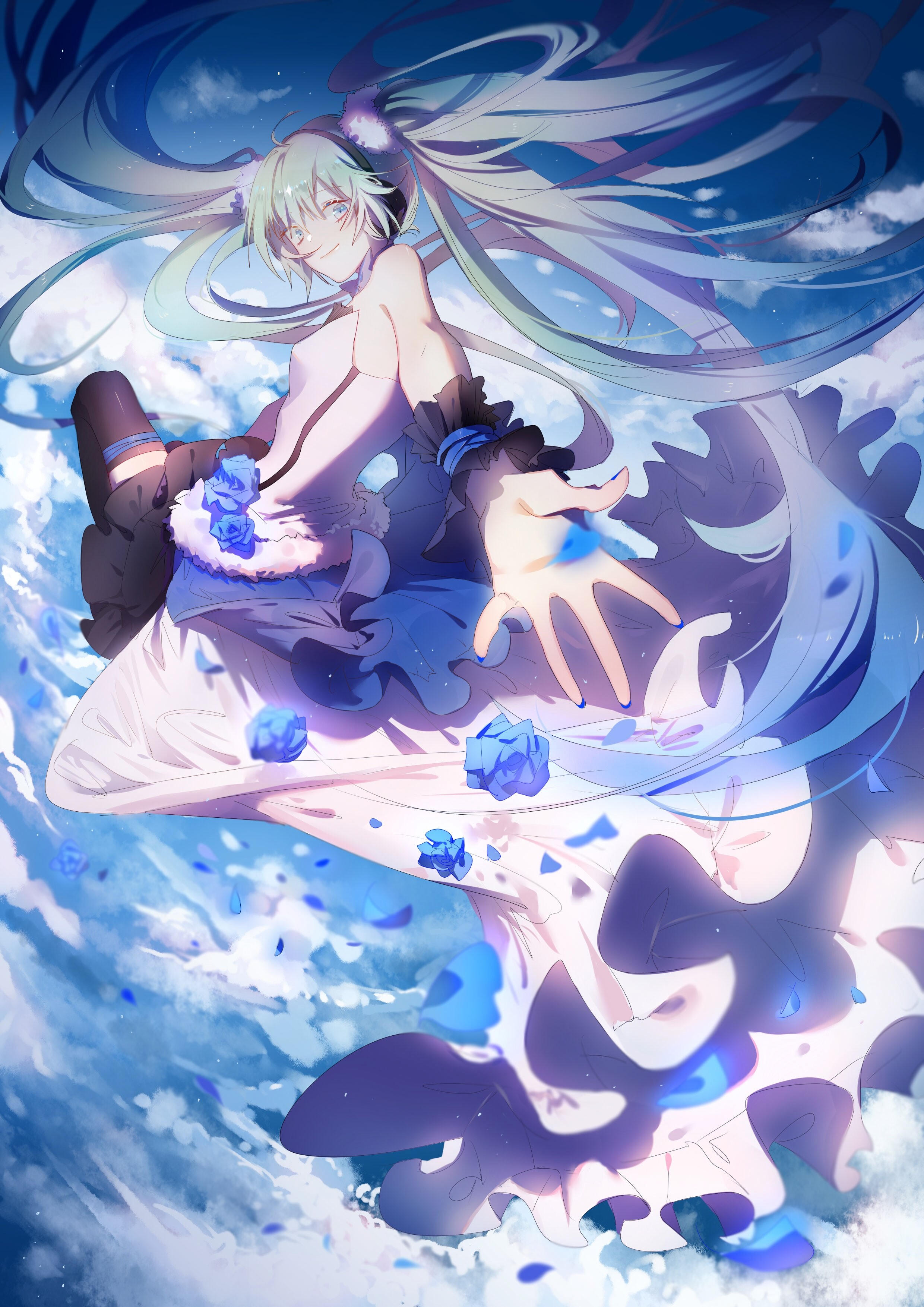Hatsune Miku from Vocaloid with blue roses HD Phone Wallpaper