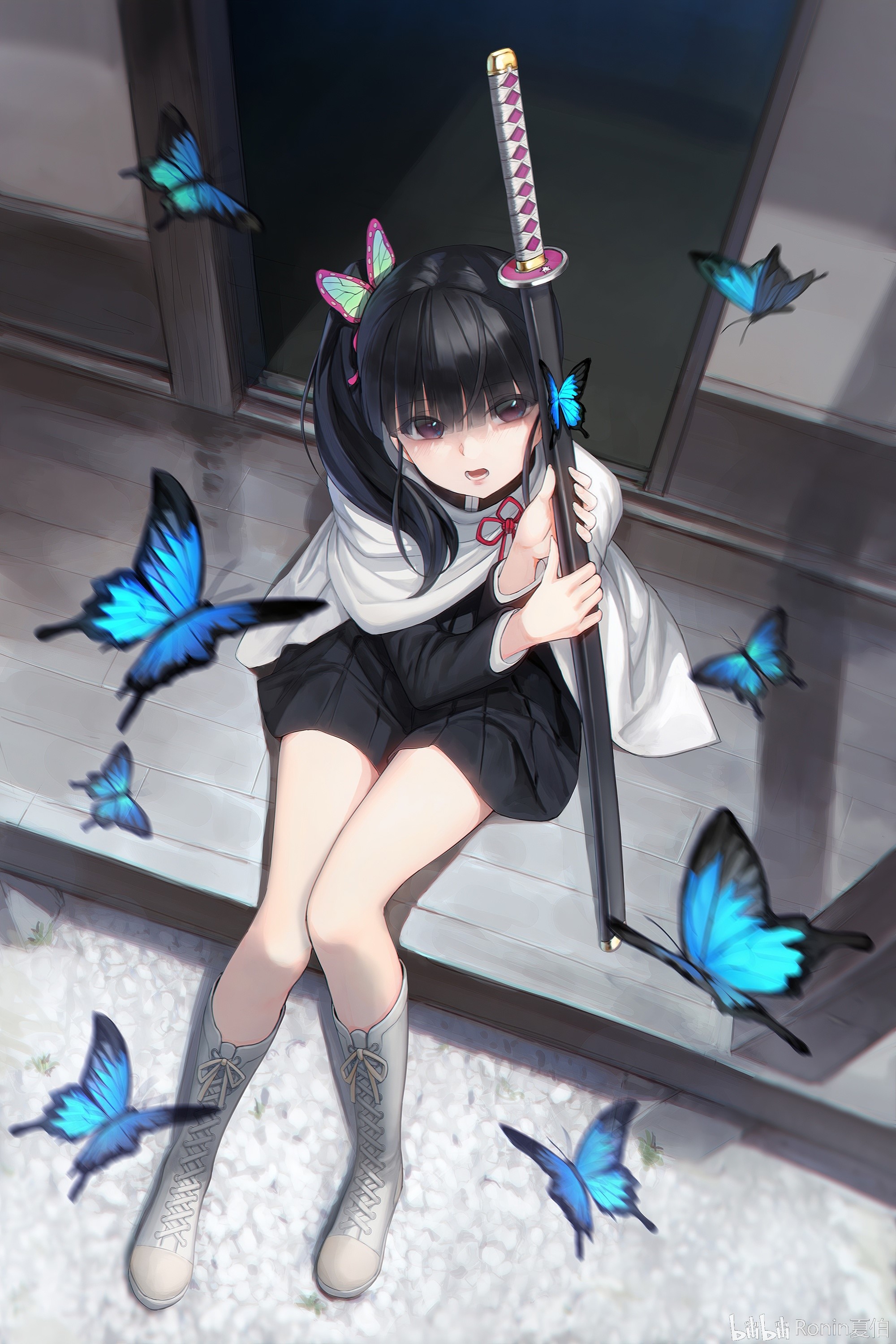 Kanao Tsuyuri Surrounded by Blue Butterflies HD Phone Wallpaper