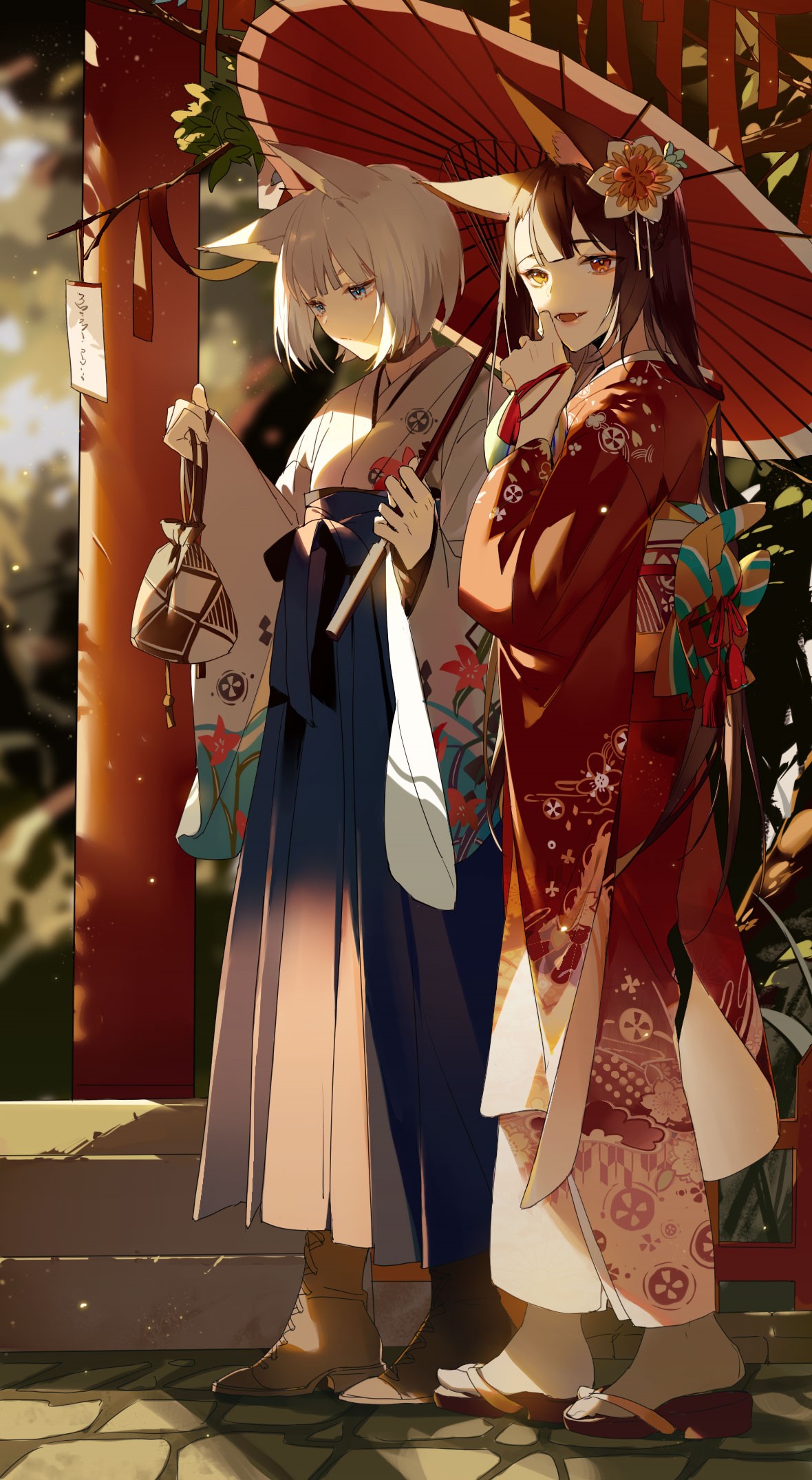 Kaga and Akagi from Azur Lane with umbrellas HD Phone Wallpaper
