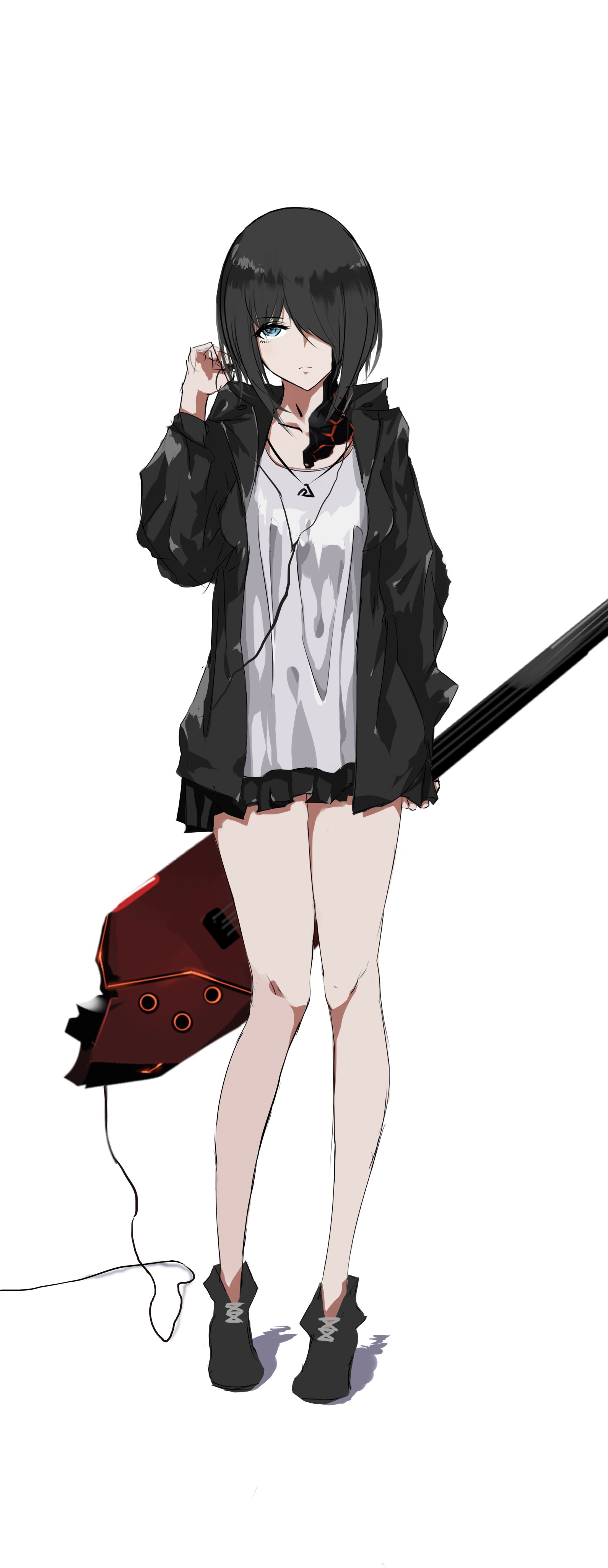 Anime girl with black hair and headphones holding a guitar HD Phone Wallpaper