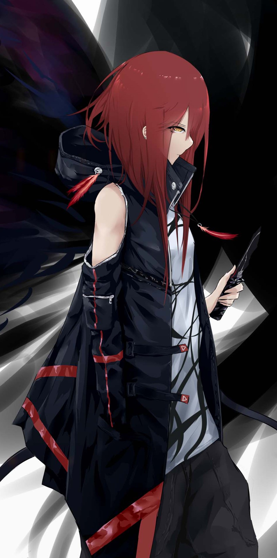 Anime girl with red hair holding a knife HD Phone Wallpaper