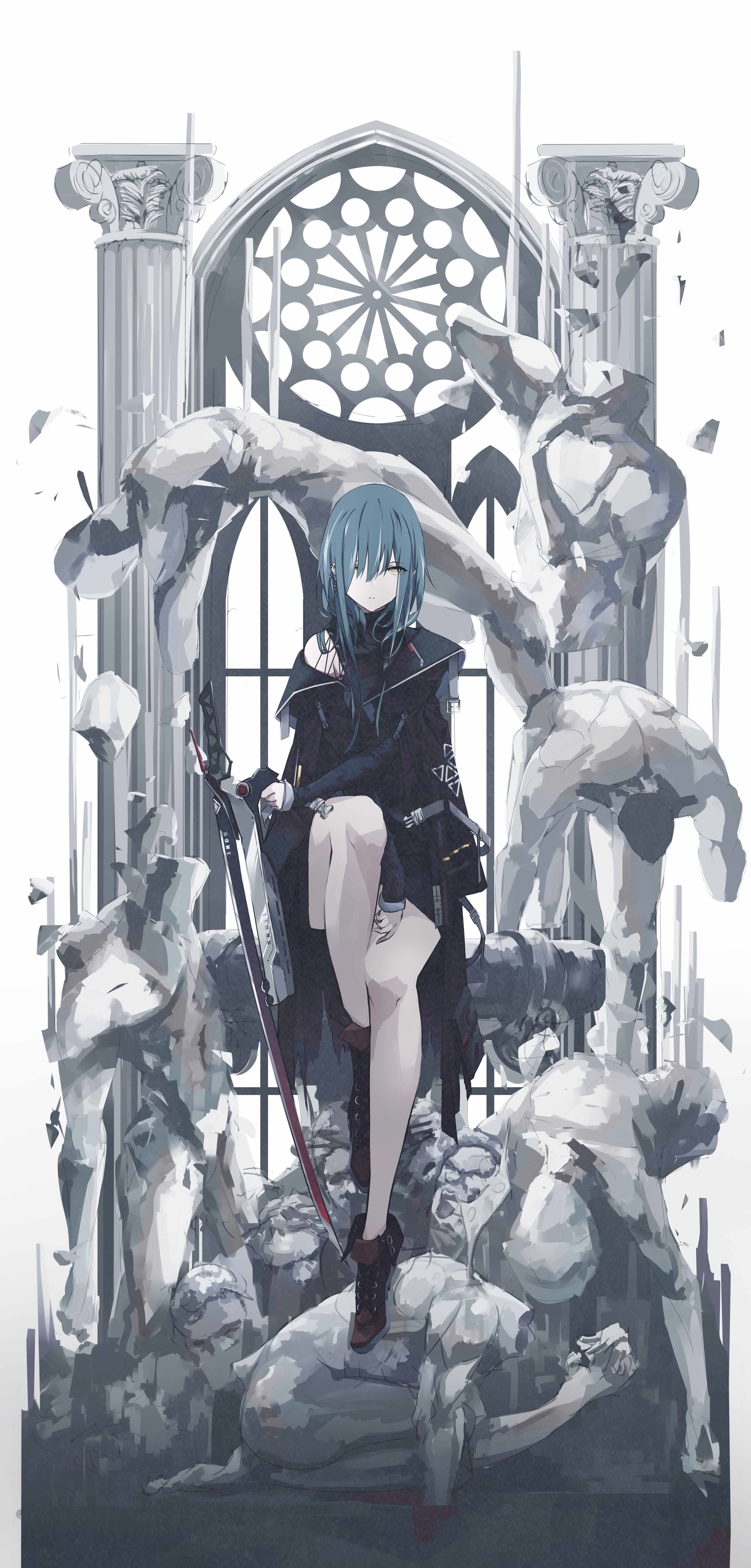 Anime girl with blue hair sitting on statues HD Phone Wallpaper