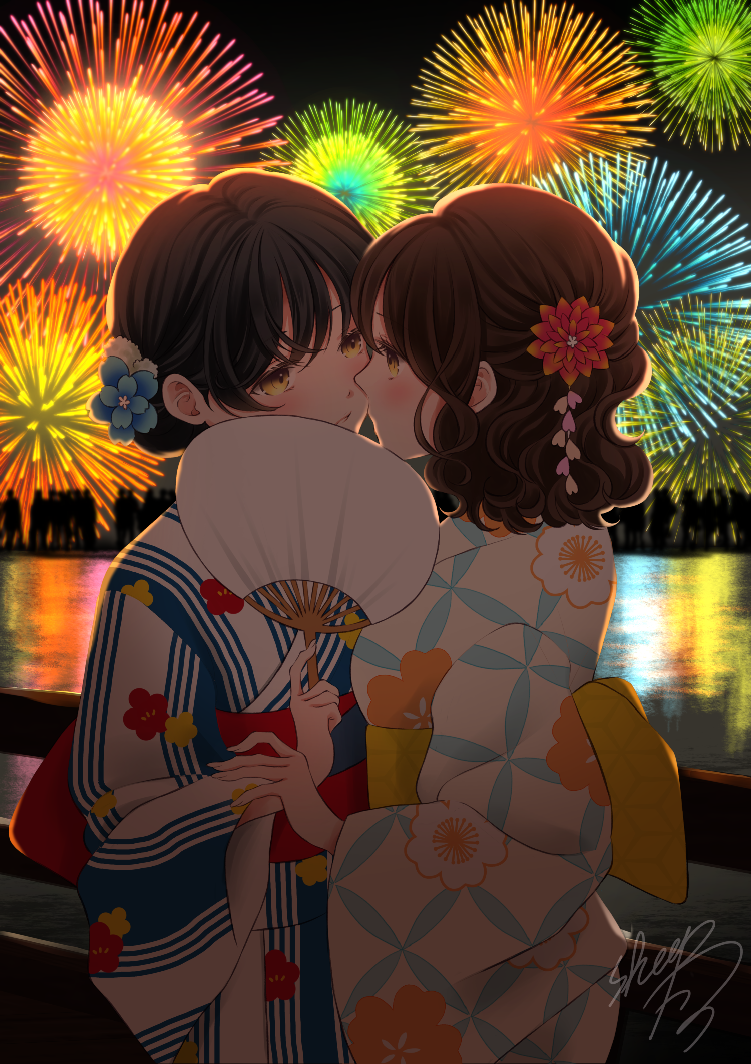 Two anime girls in yukatas watching fireworks HD Phone Wallpaper