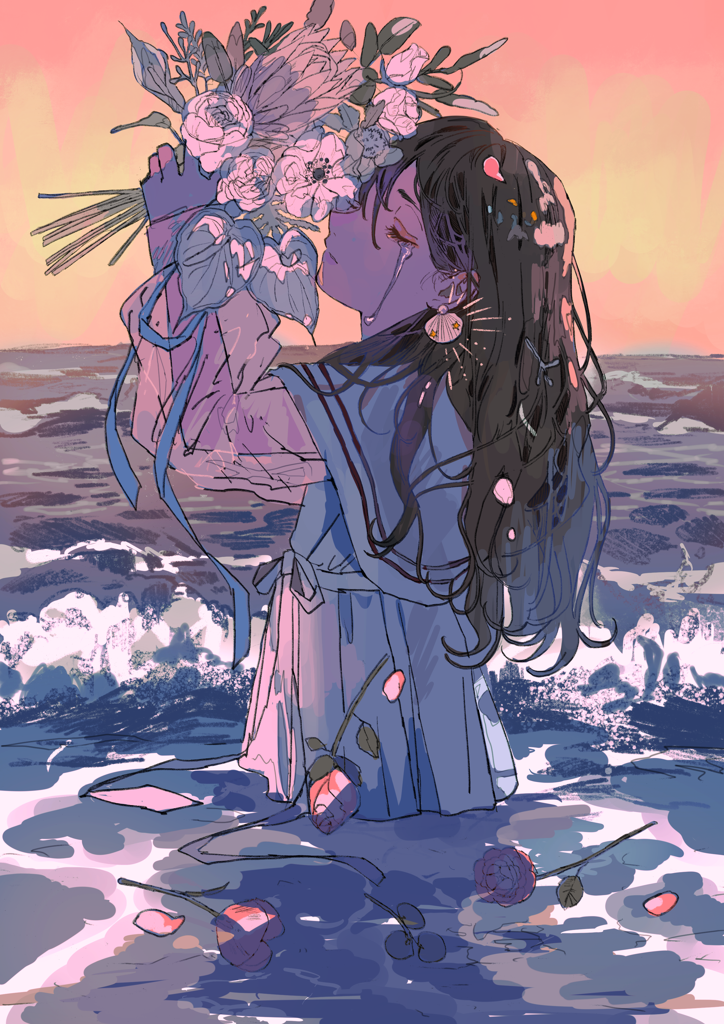 Anime girl with flowers in the ocean HD Phone Wallpaper