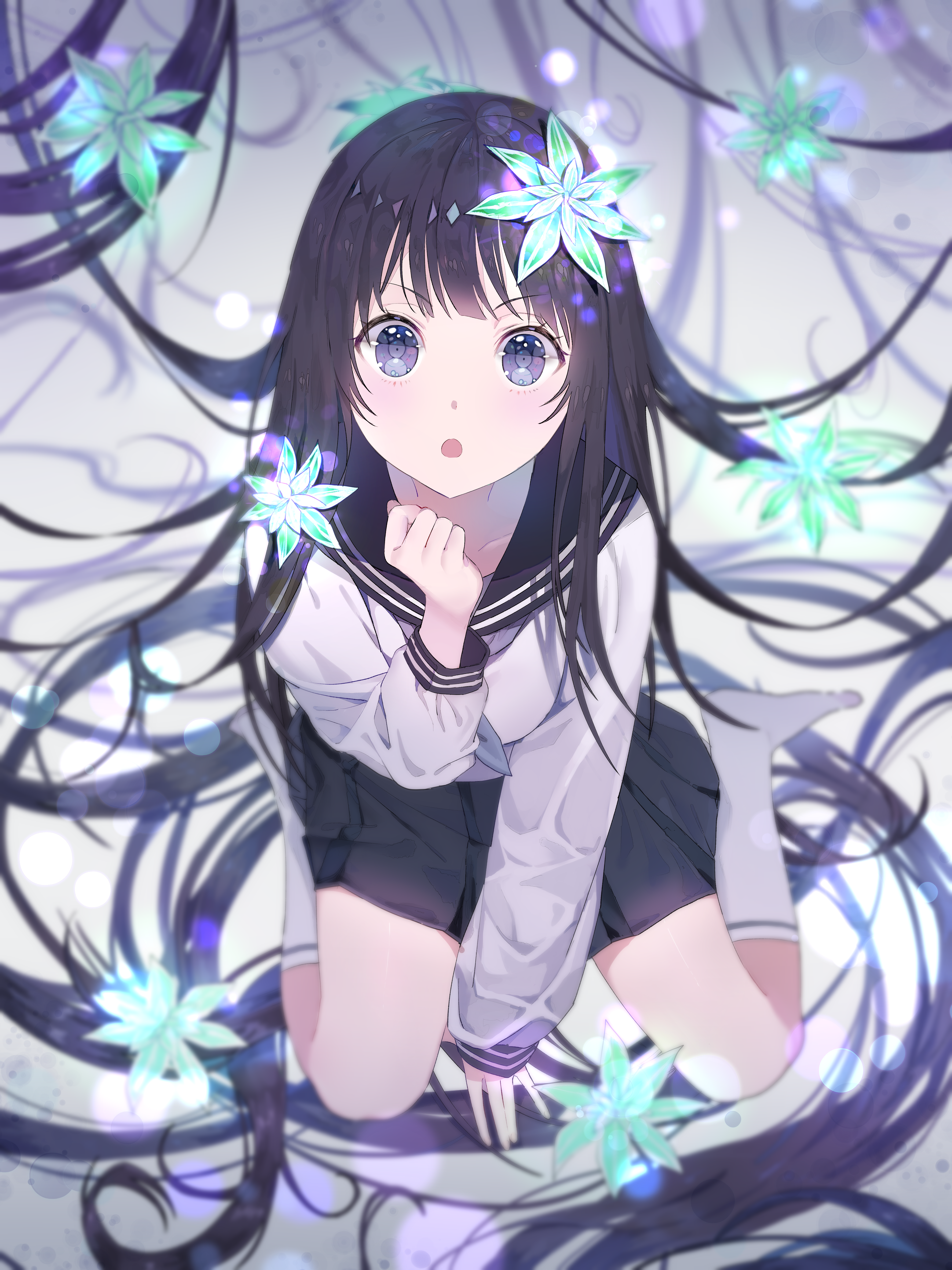 Chitanda Eru from Hyouka kneeling with flowers HD Phone Wallpaper