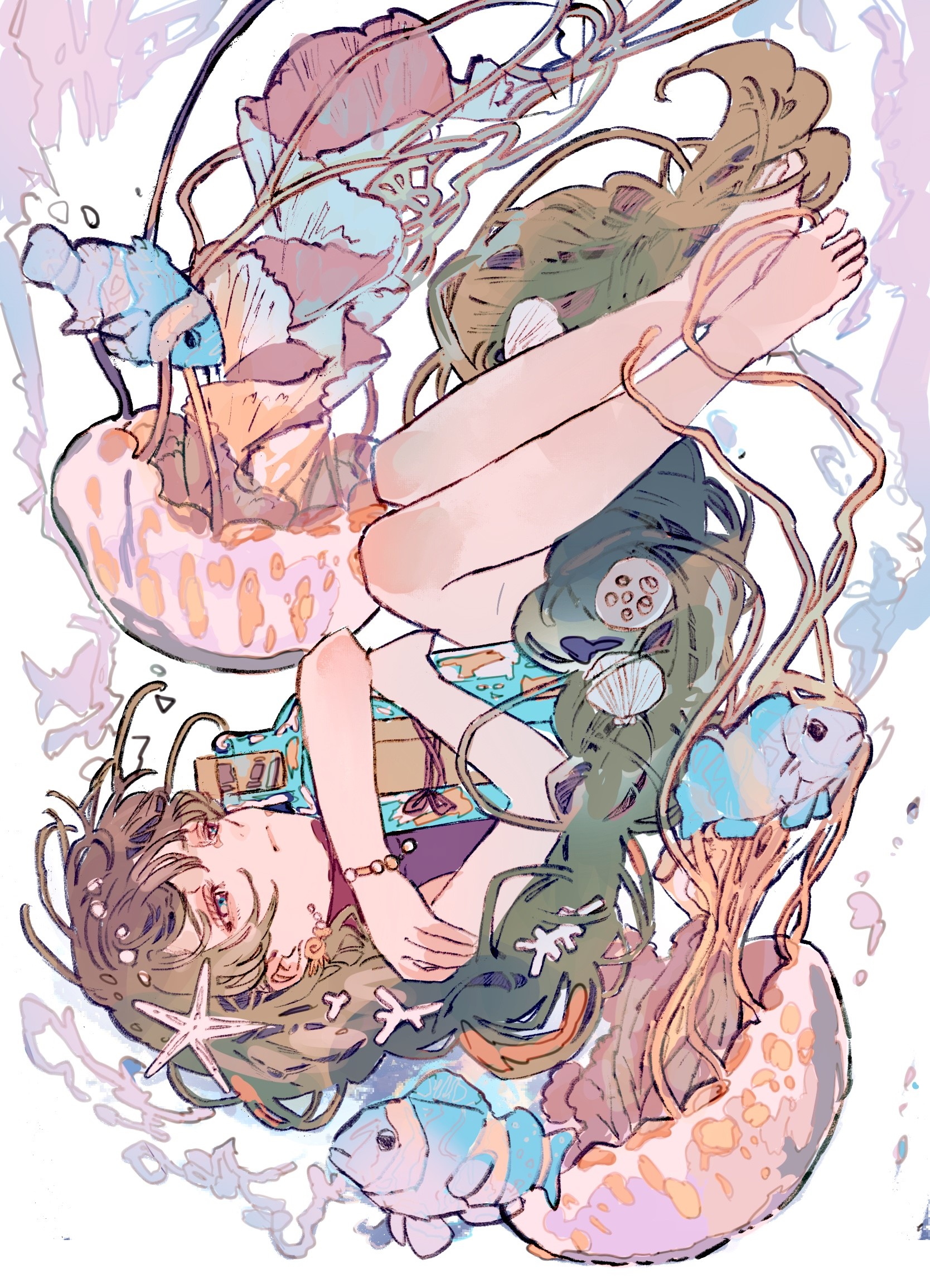 Anime girl with jellyfish and fish underwater HD Phone Wallpaper