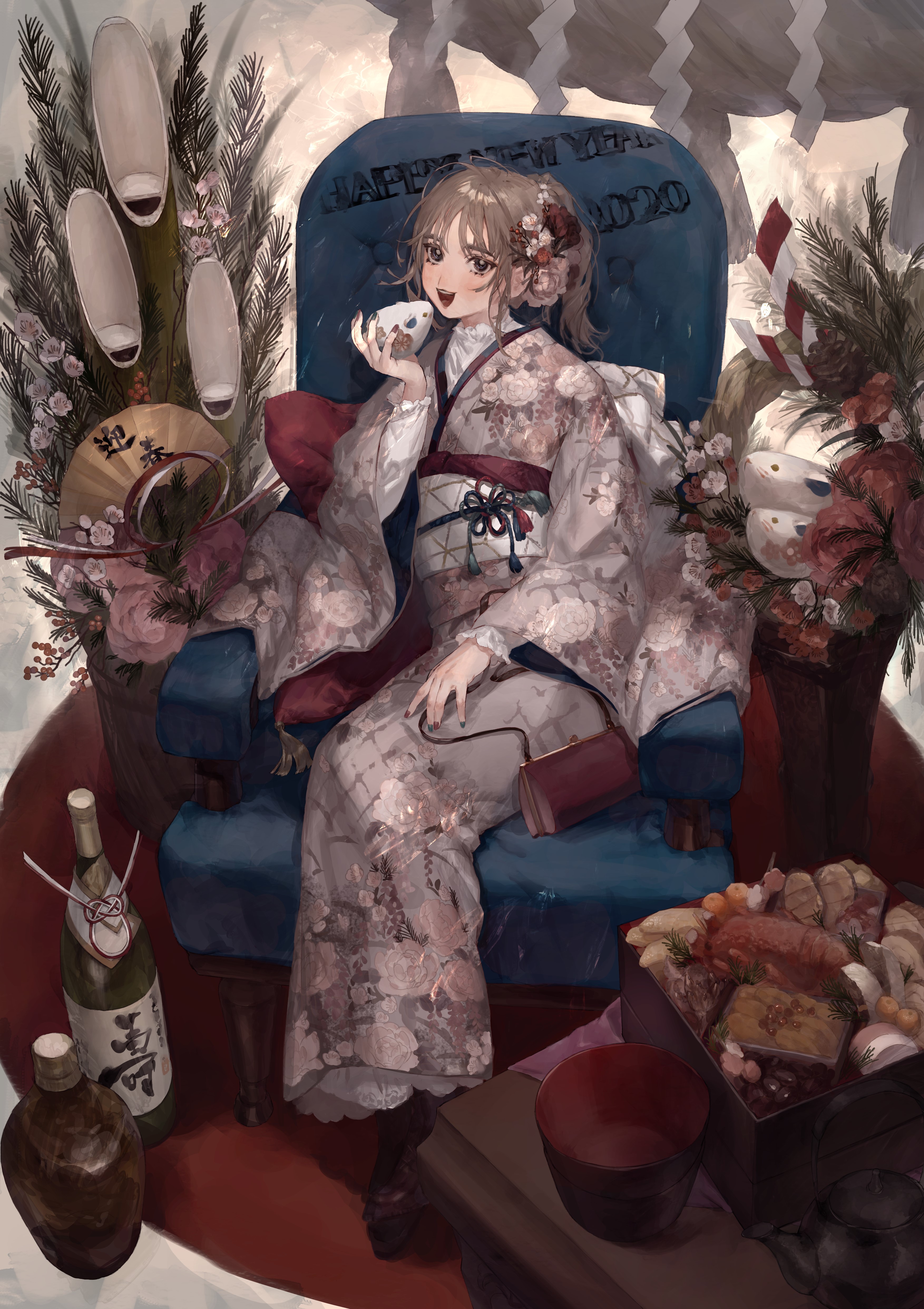 Anime girl in kimono celebrating New Year HD Phone Wallpaper