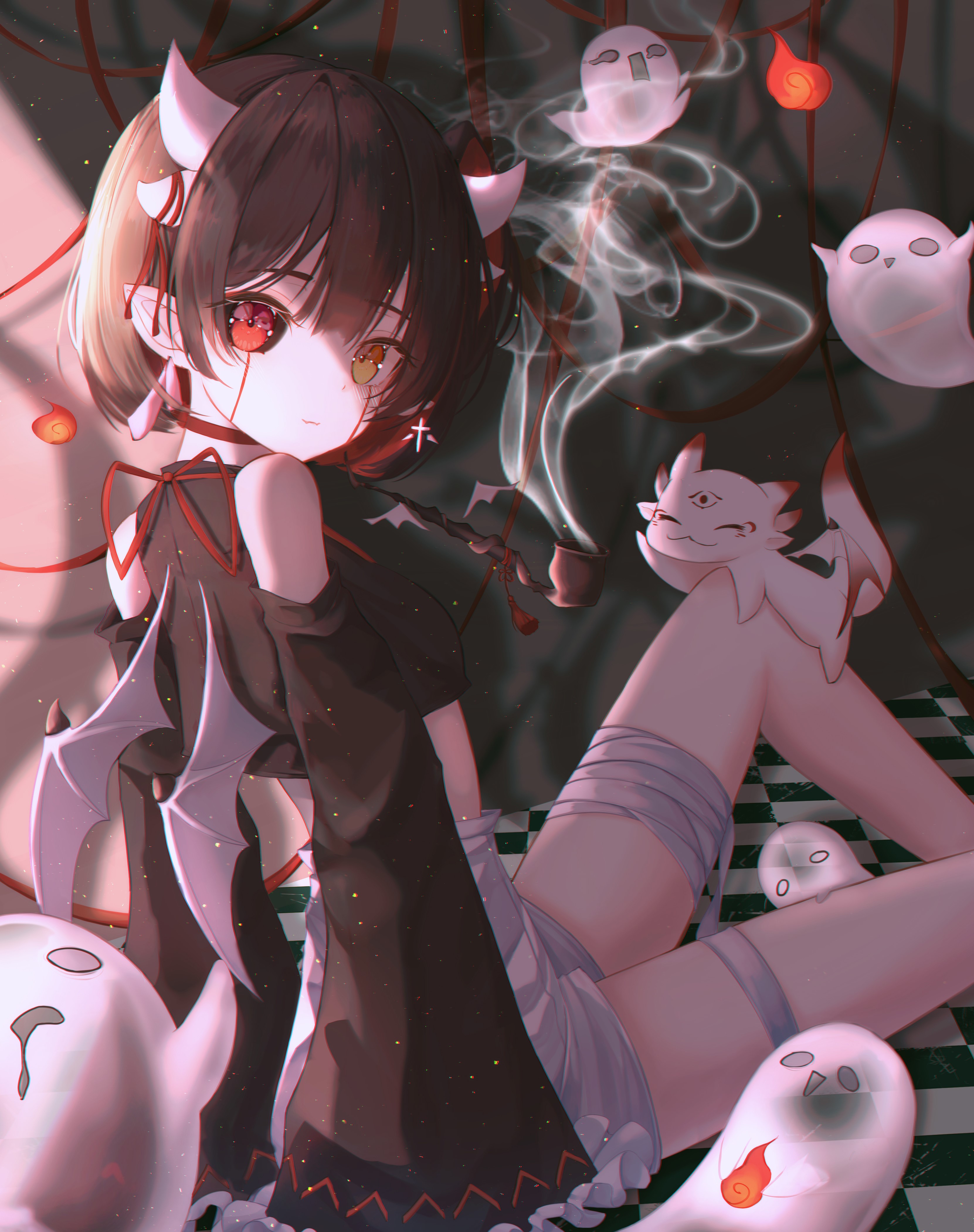 Demon girl with heterochromia and ghosts HD Phone Wallpaper