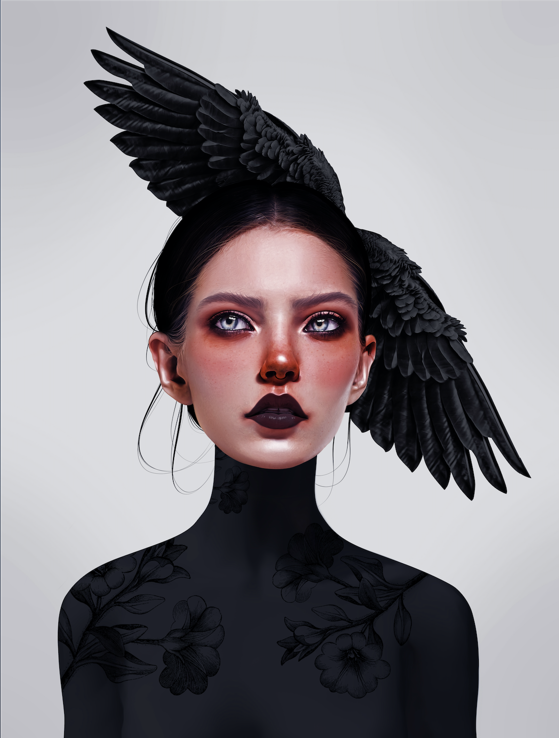 Woman with black wings and floral tattoos HD Phone Wallpaper