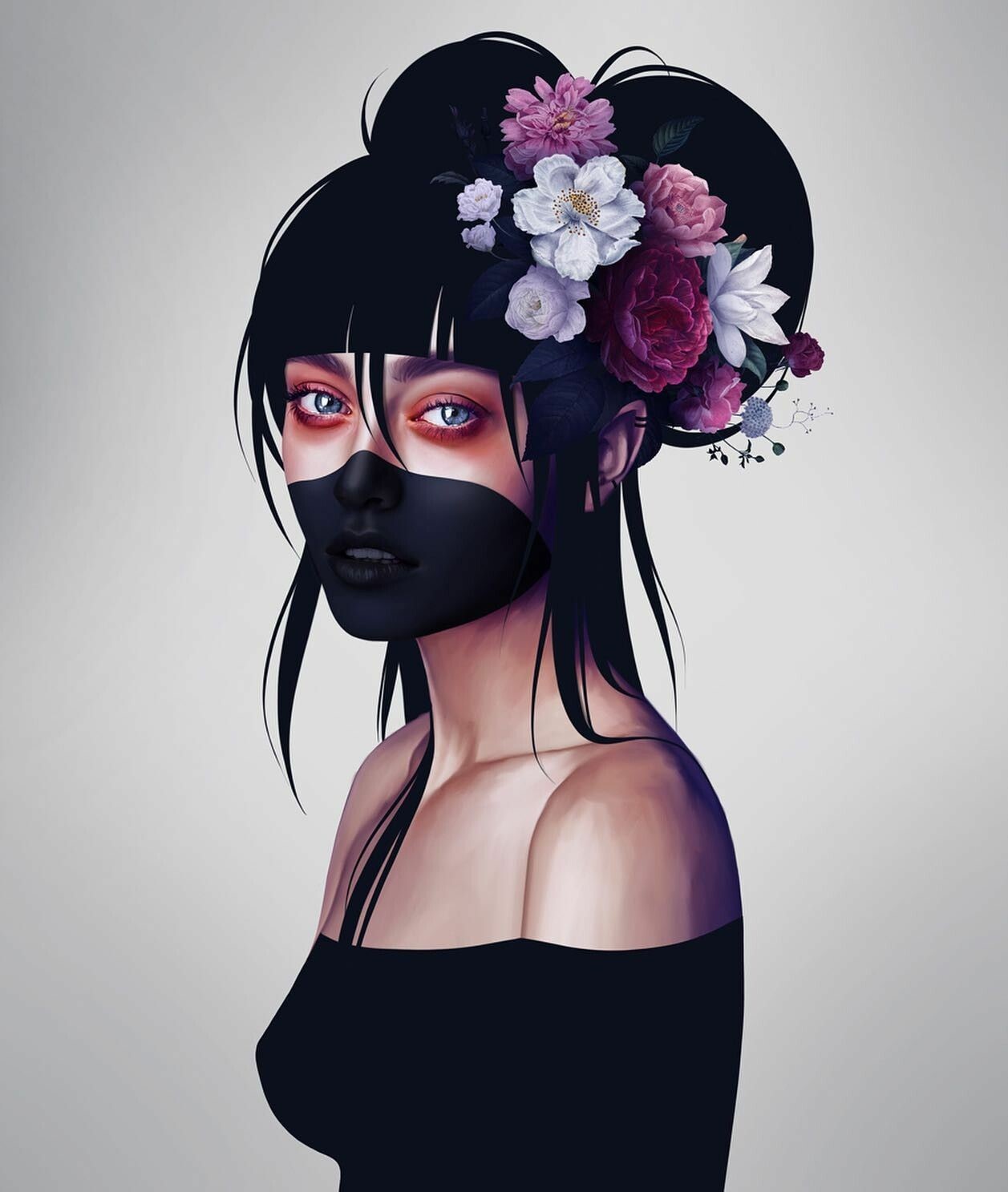 Woman with black hair and flowers in her hair HD Phone Wallpaper