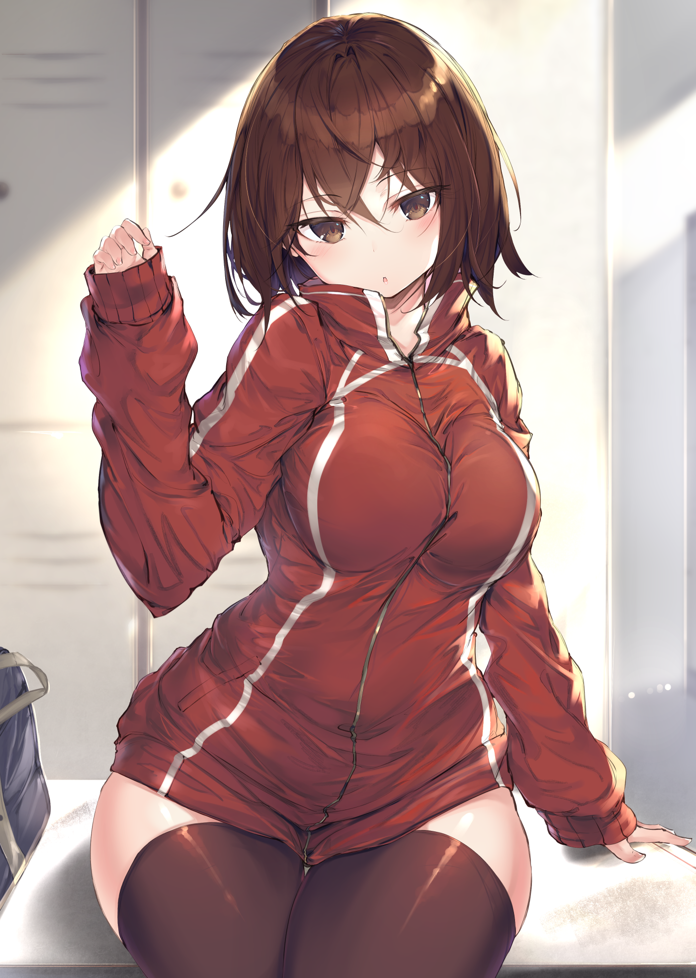 Anime girl with brown hair and eyes in red jacket HD Phone Wallpaper