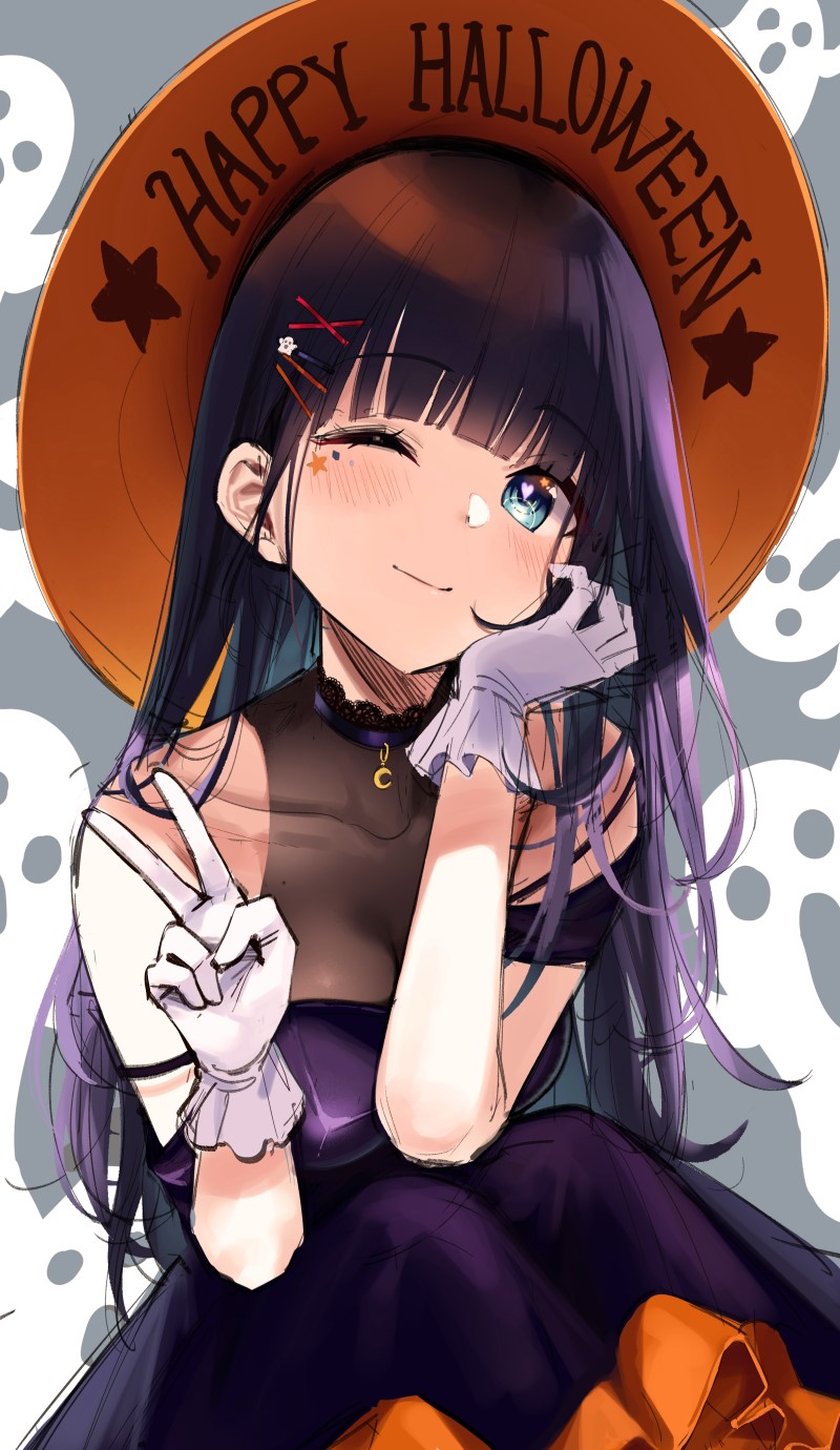 Halloween Anime Girl in Witch Hat HD Phone Wallpaper