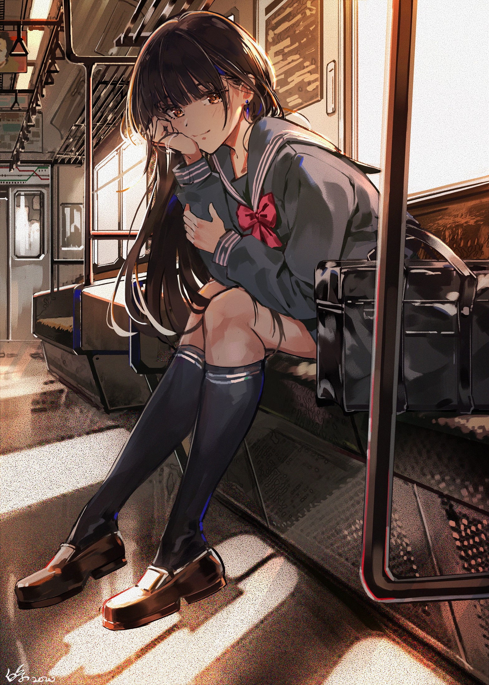 Anime girl in school uniform on a tram HD Phone Wallpaper