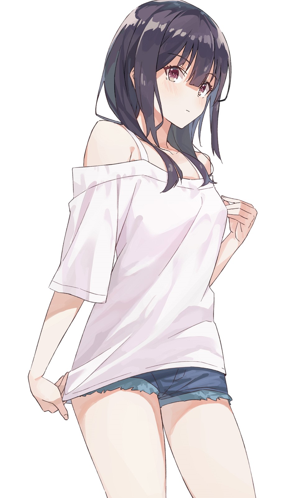 Anime girl with dark hair wearing off-shoulder shirt and shorts HD Phone Wallpaper
