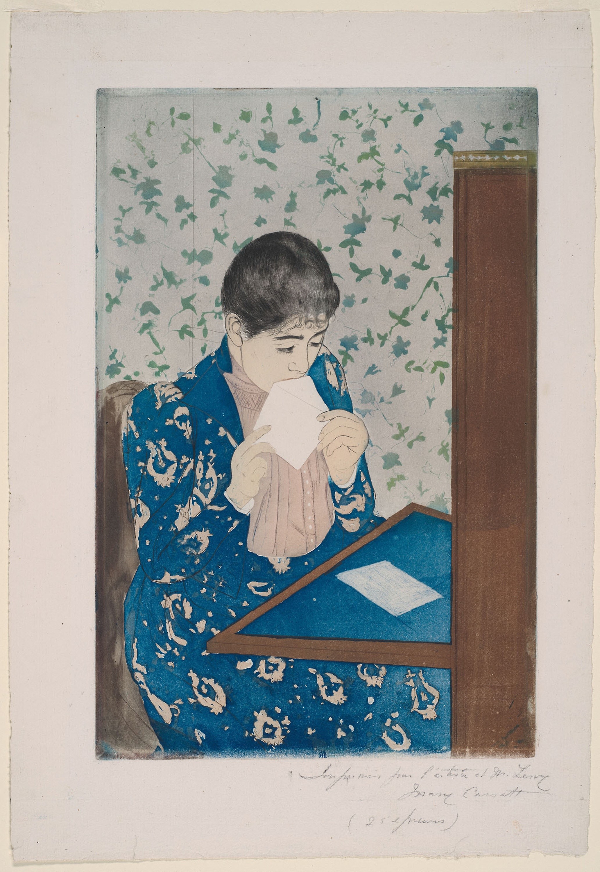 Woman in Blue Dress Reading a Letter HD Phone Wallpaper