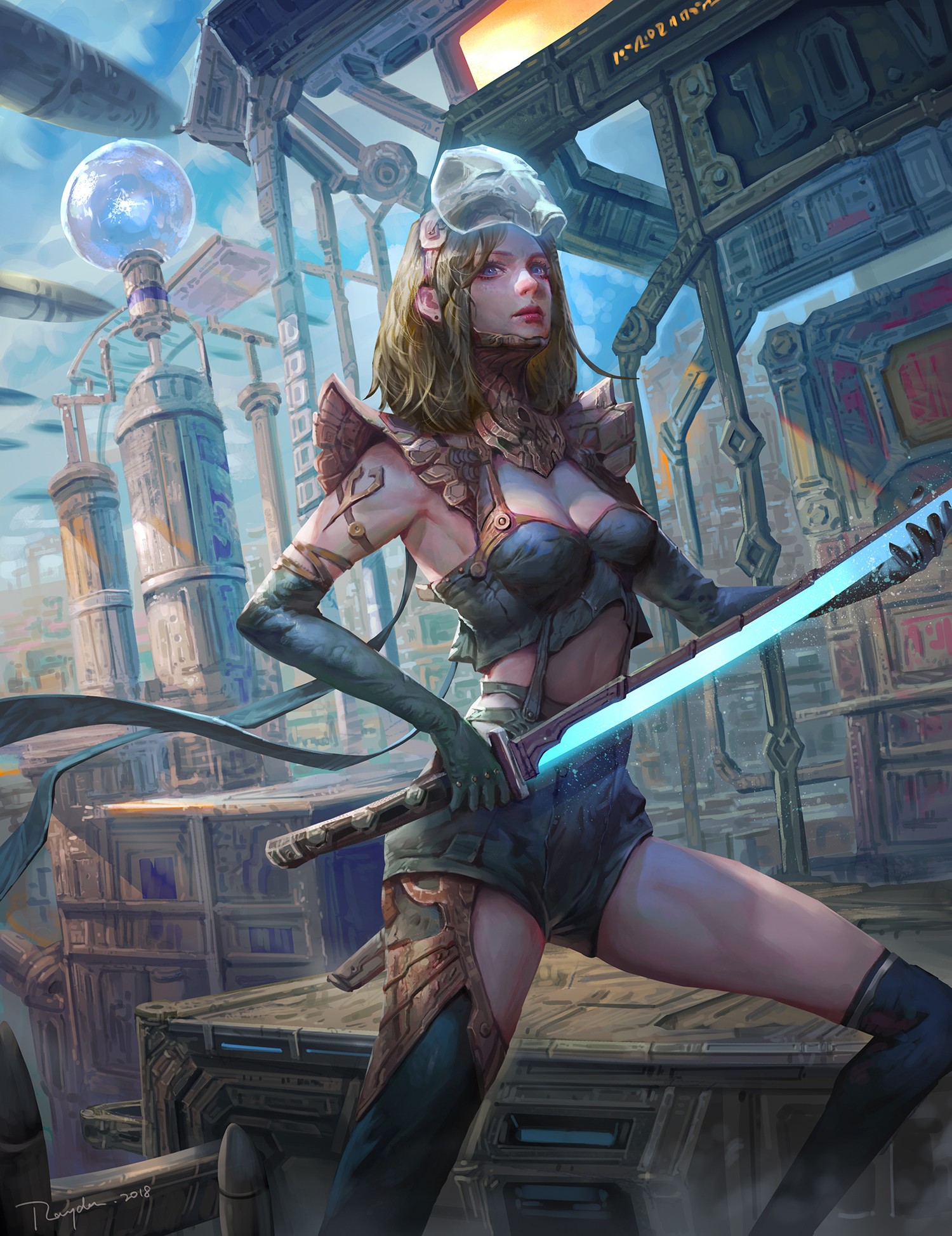 Fantasy girl with glowing sword in futuristic city HD Phone Wallpaper