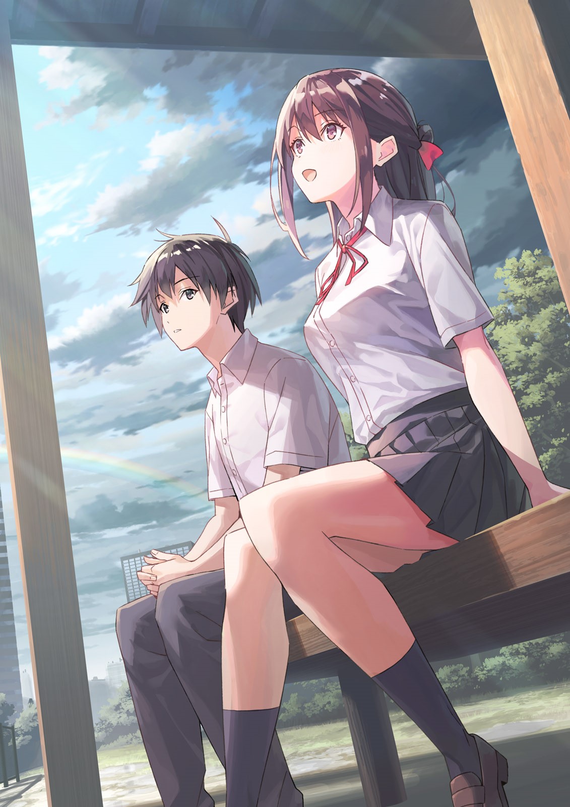 Anime boy and girl in school uniforms sitting on a bench HD Phone Wallpaper