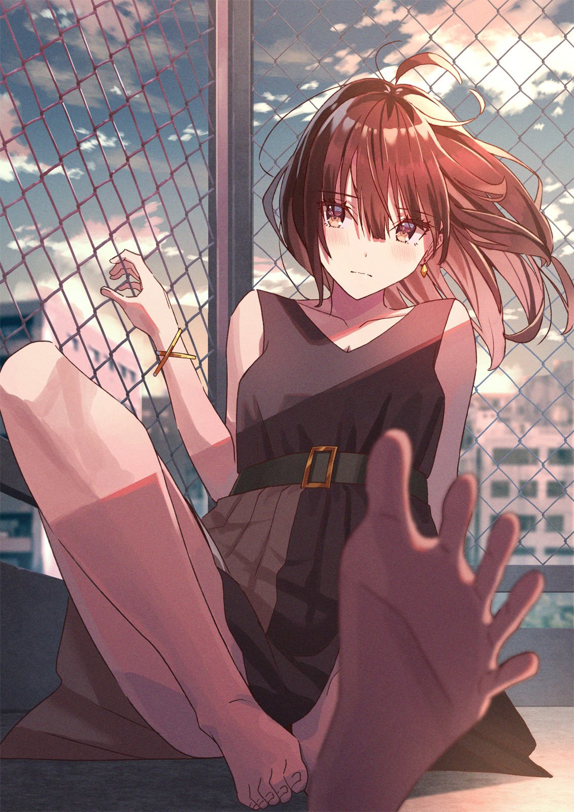 Anime girl with brown hair and dress sitting by fence HD Phone Wallpaper