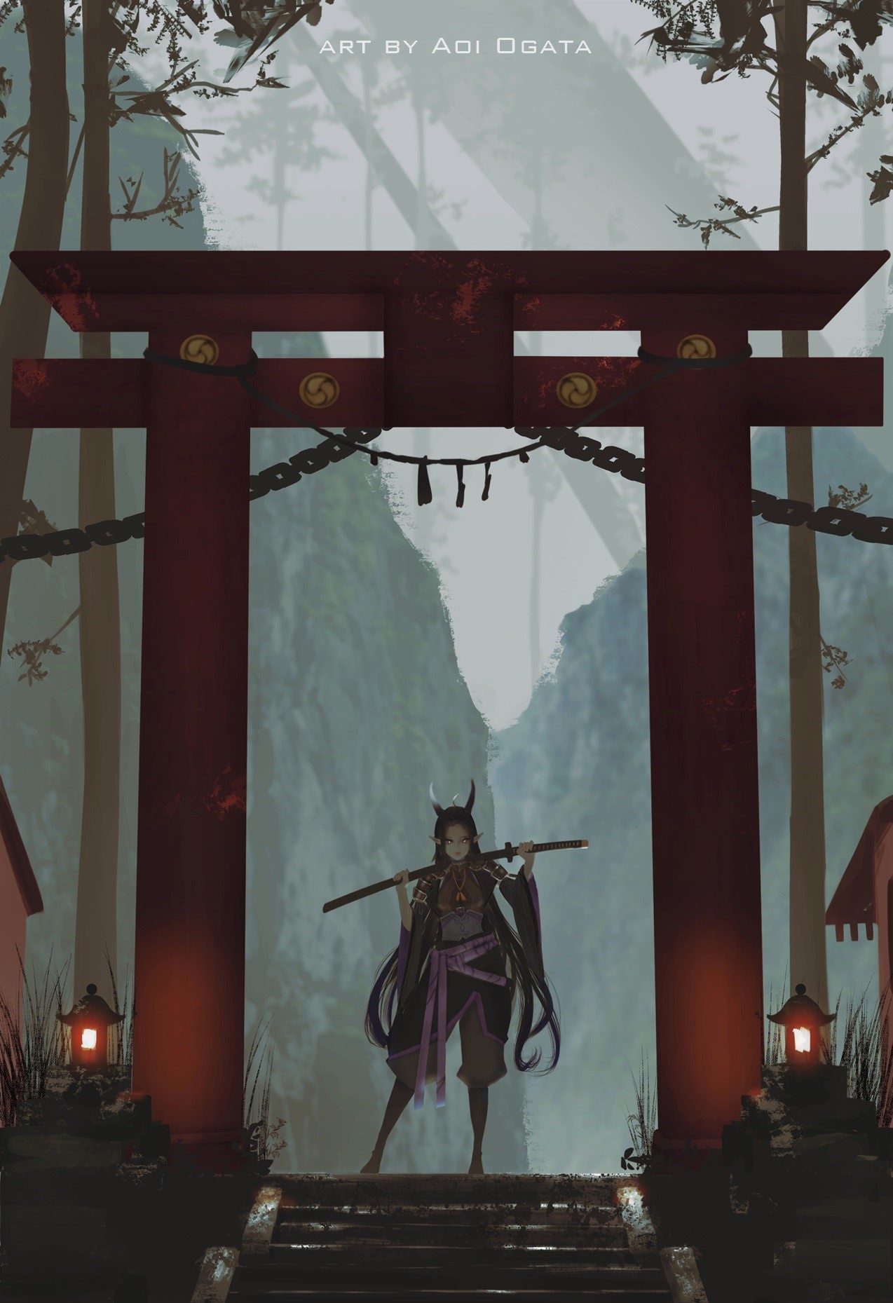 Anime girl with horns and katana in front of Torii gate HD Phone Wallpaper