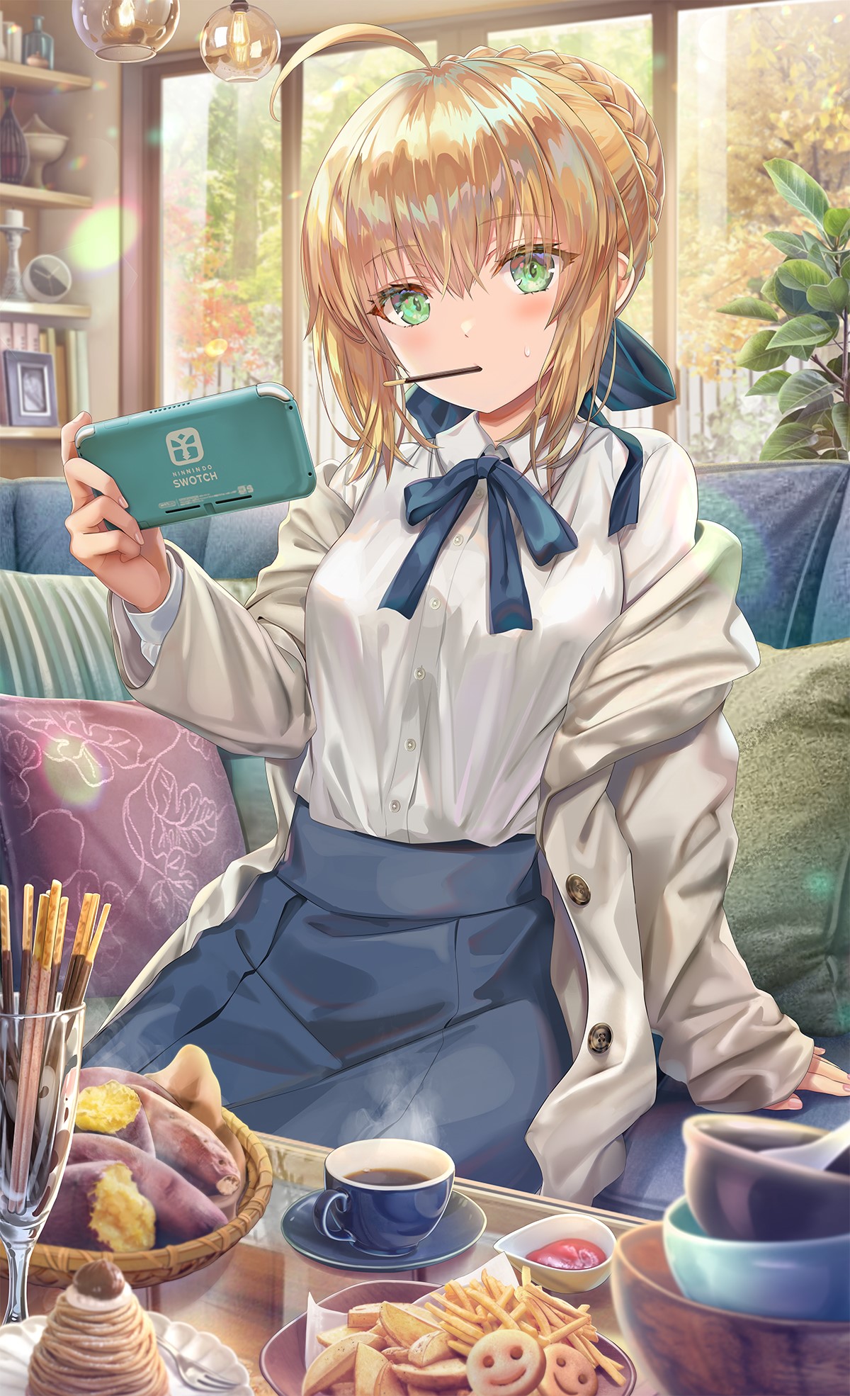 Saber from Fate Series playing Nintendo Switch HD Phone Wallpaper