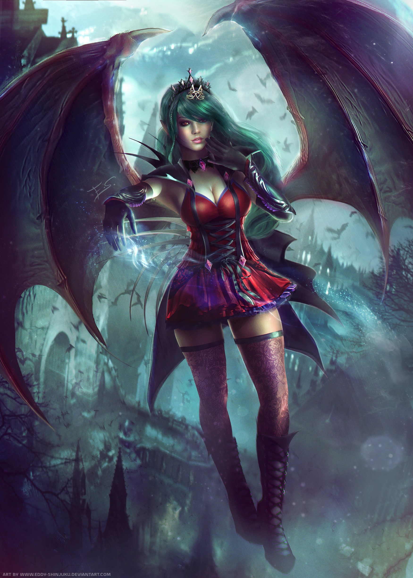 Woman with green hair and wings, flying near castle HD Phone Wallpaper