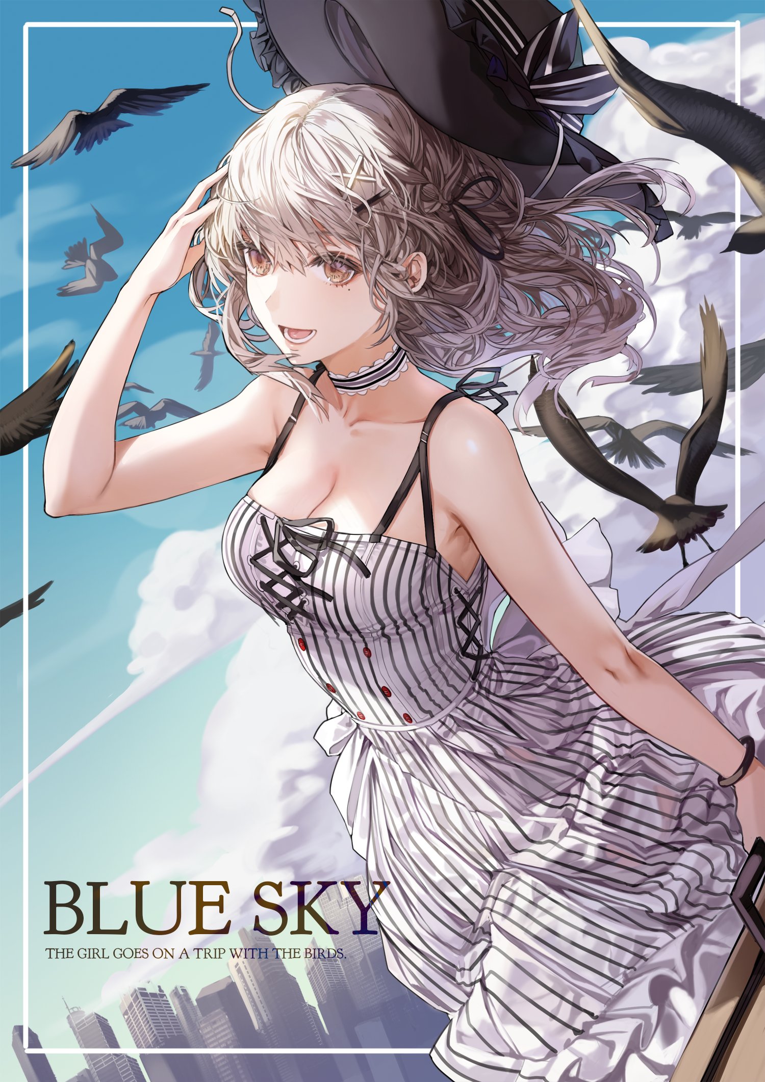 Blue Sky: The Girl Goes on a Trip with the Birds HD Phone Wallpaper