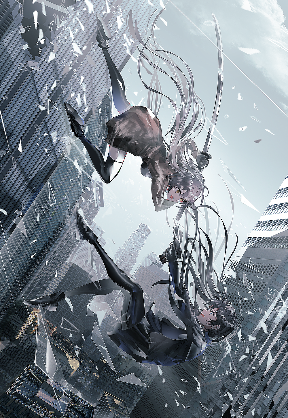Two anime girls with swords falling through a city HD Phone Wallpaper
