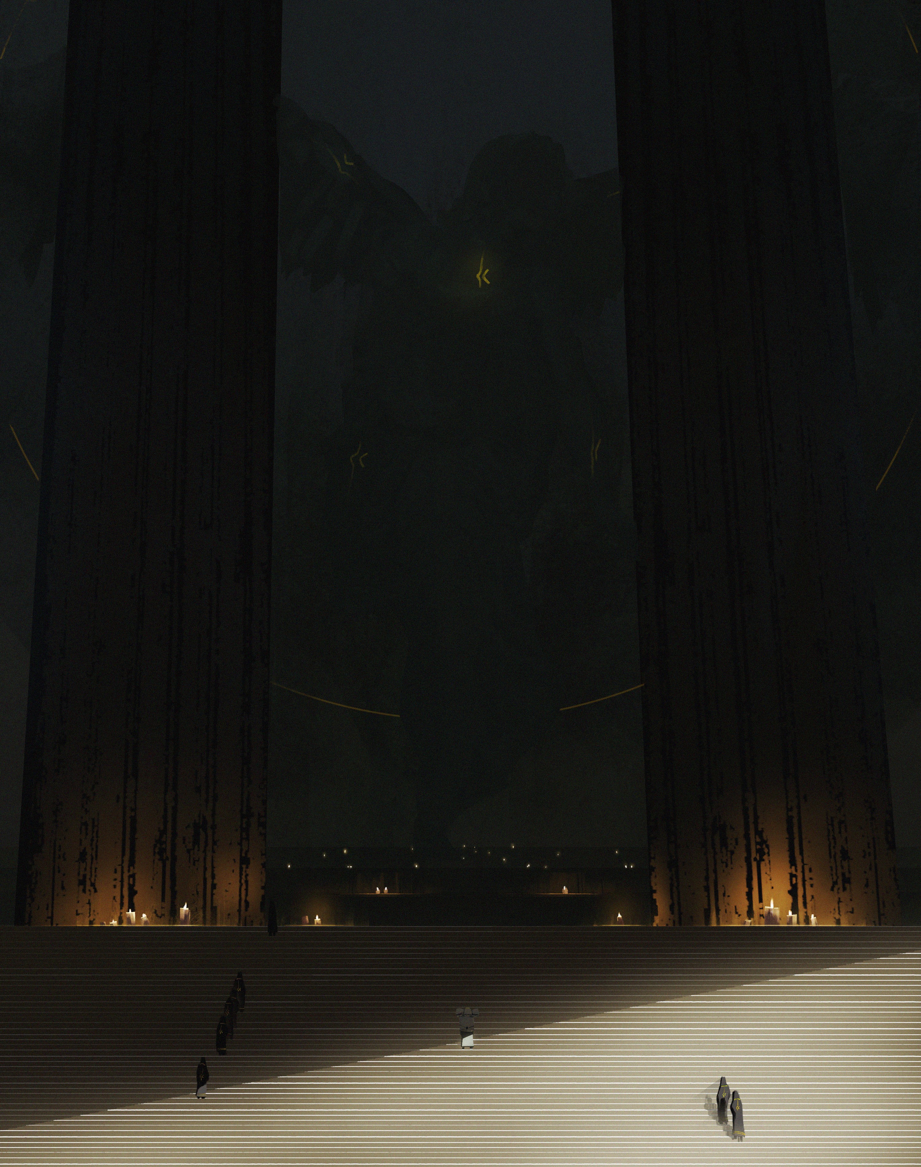 Giant figure in a dark hall with people on stairs HD Phone Wallpaper