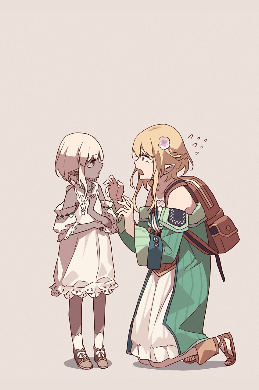 Anime girls with pointy ears, one kneeling HD Phone Wallpaper