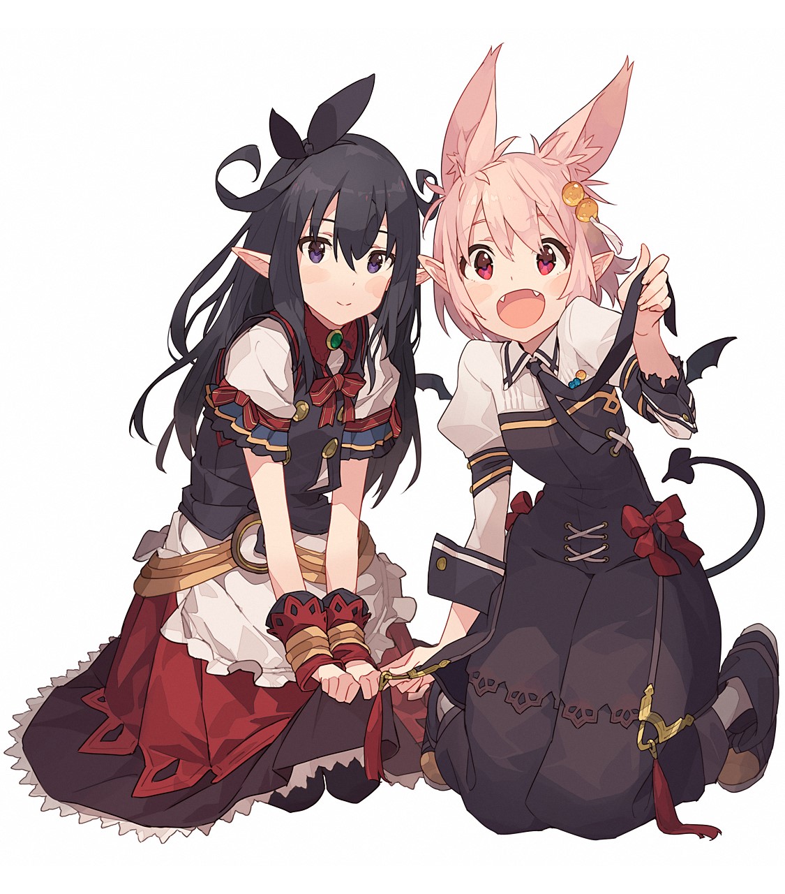 Two anime girls with pointy ears and tails HD Phone Wallpaper