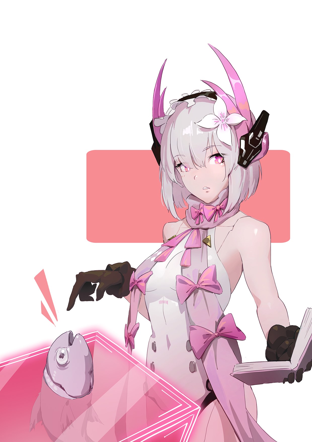 Girl with grey hair and pink accessories pointing at a fish HD Phone Wallpaper