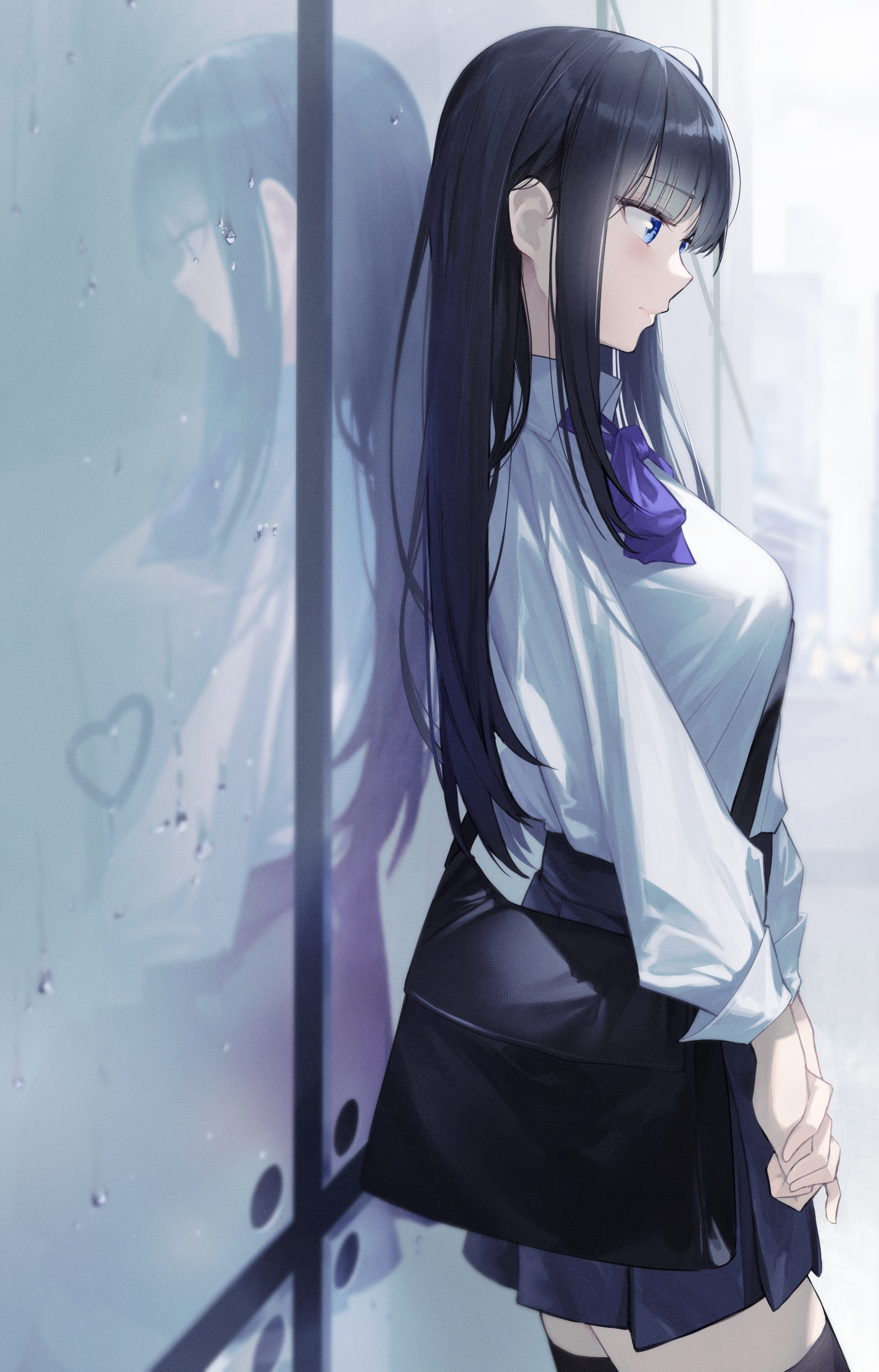 Anime girl in school uniform looking out a window HD Phone Wallpaper