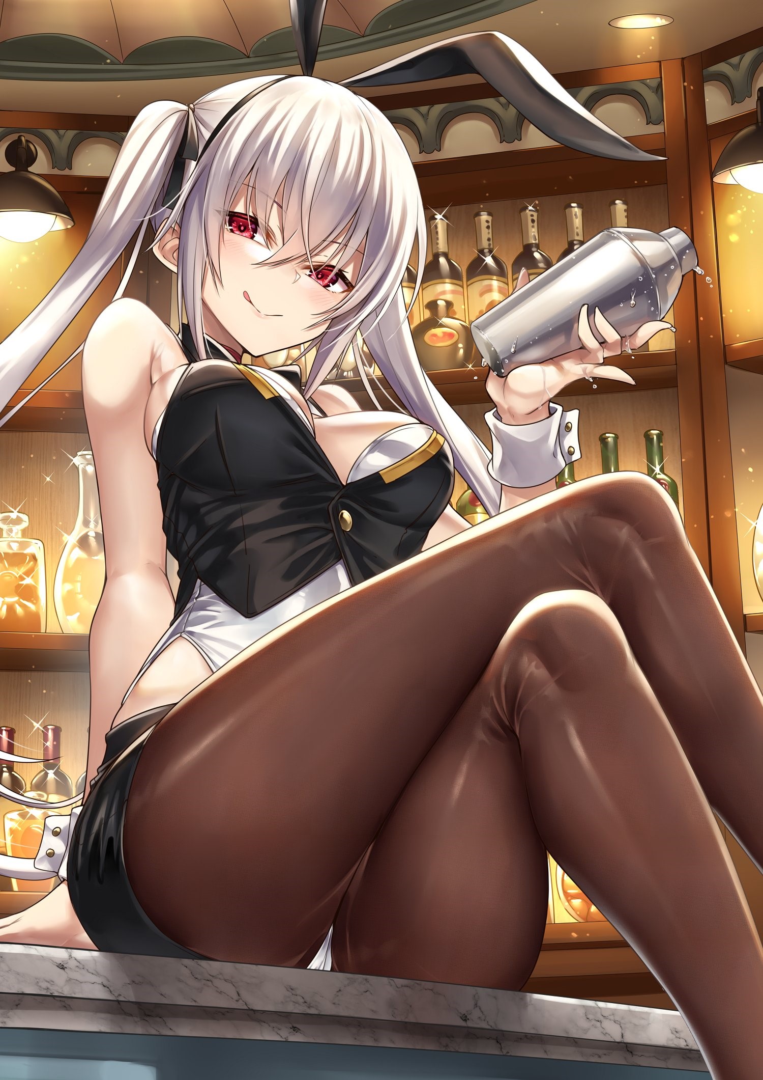 Anime girl with bunny ears holding a cocktail shaker HD Phone Wallpaper