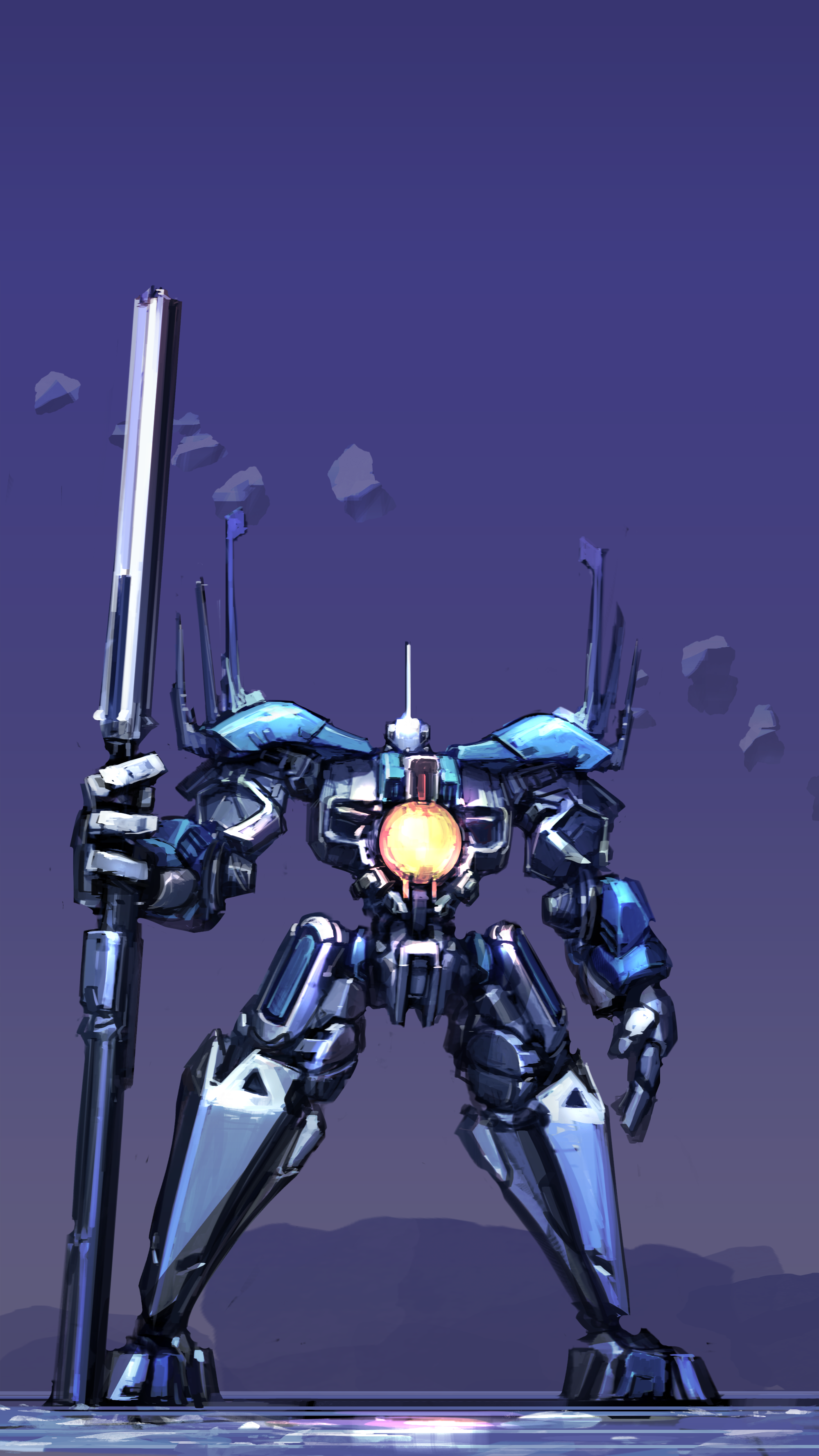 A blue mech holding a long weapon HD Phone Wallpaper