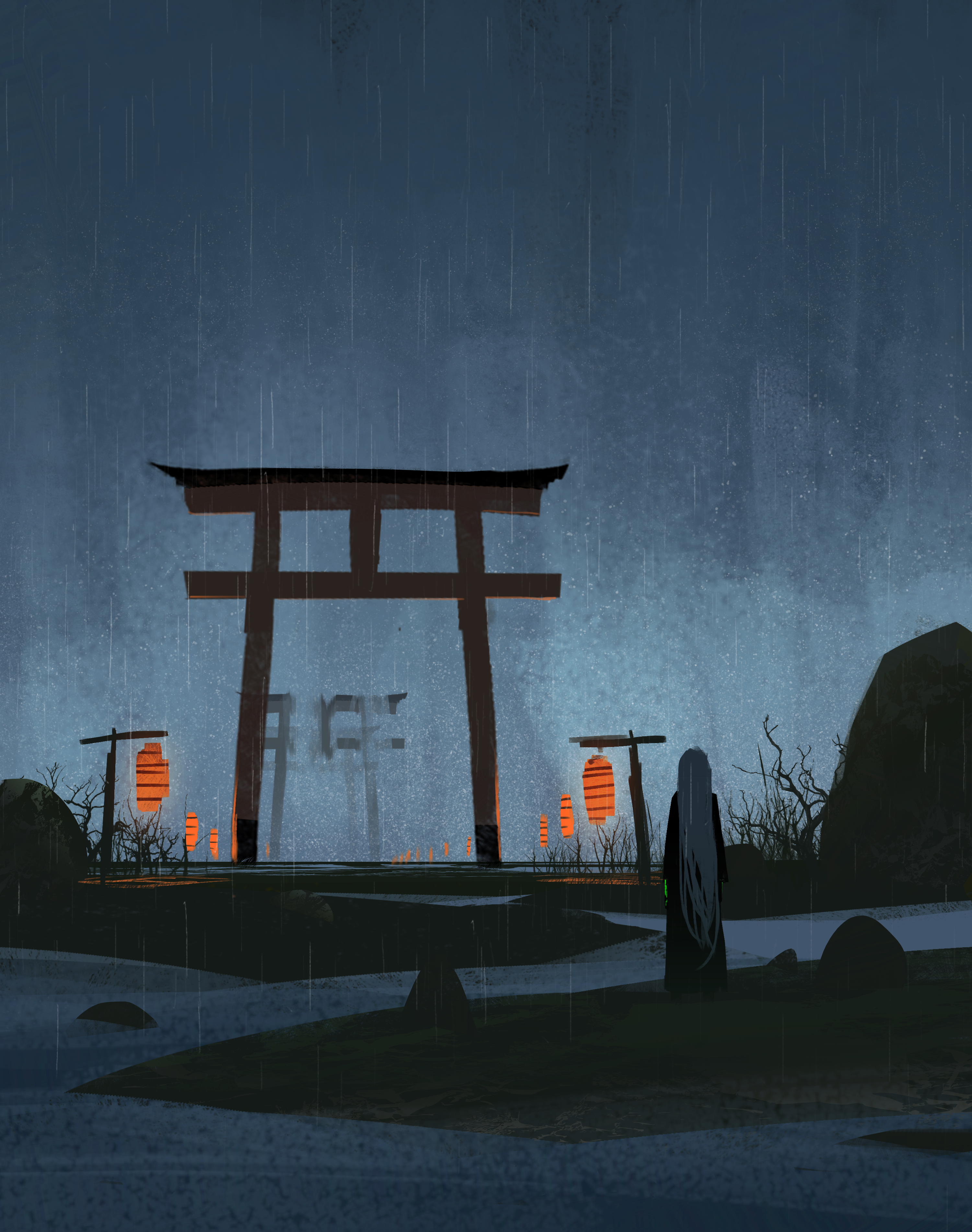 Anime Torii Gates in the Rain HD Phone Wallpaper