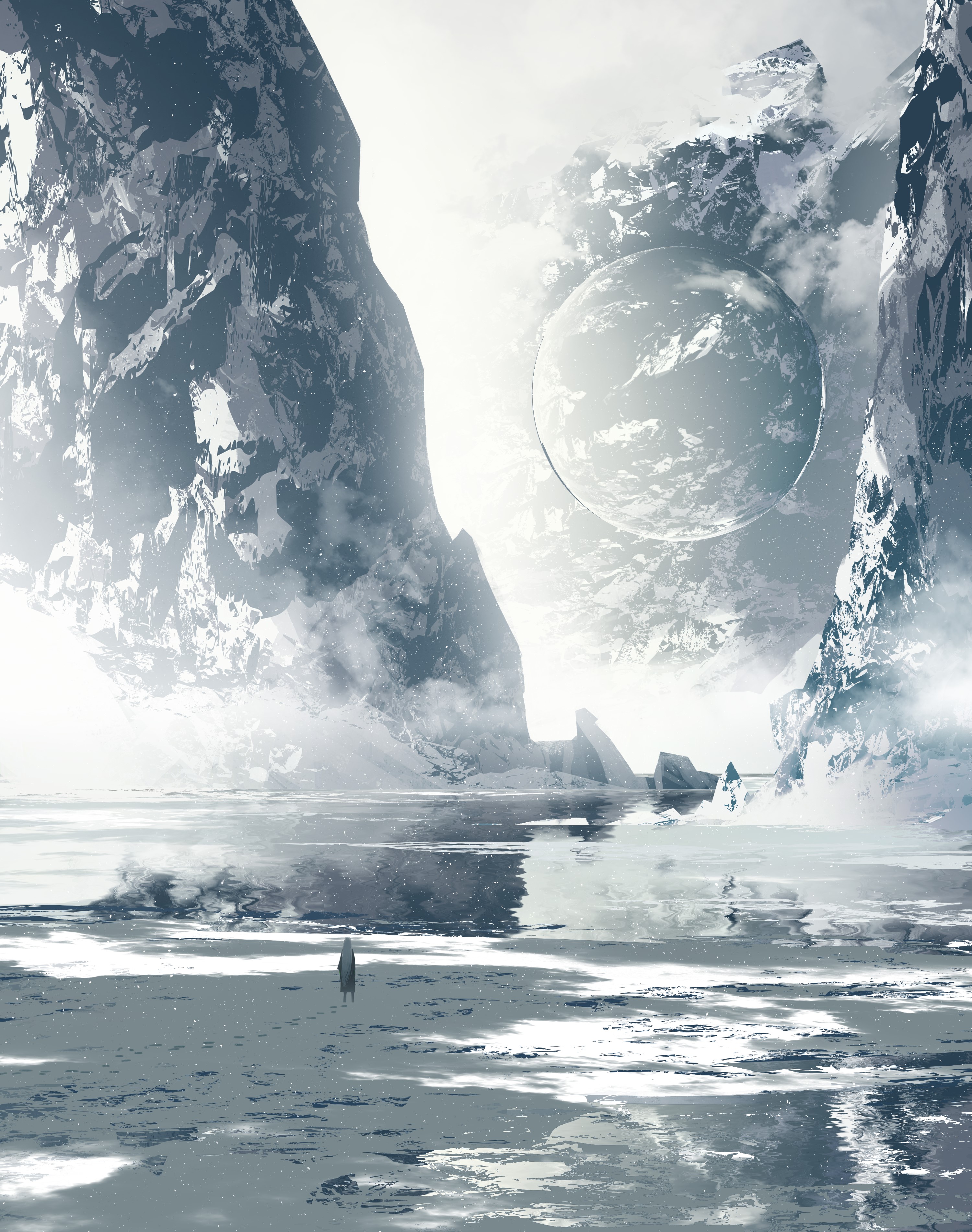 Alien planet with icy mountains and a large moon HD Phone Wallpaper
