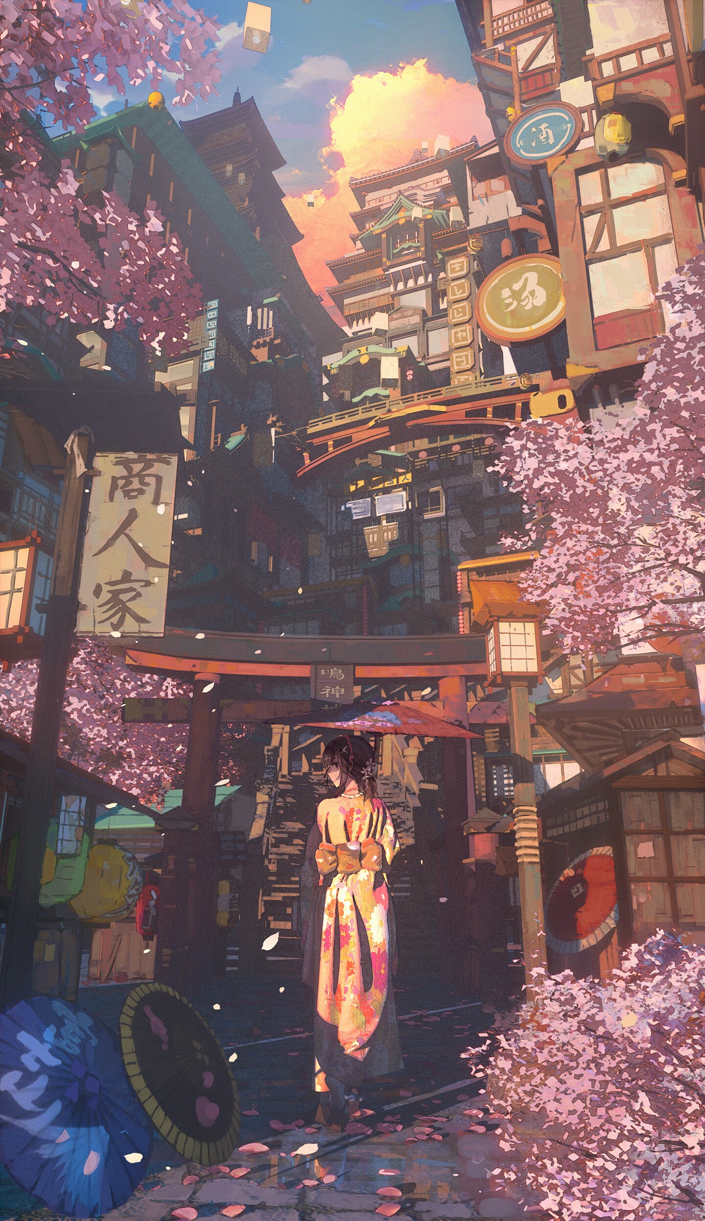 Anime Girl in Japanese Clothes with Cherry Blossoms HD Phone Wallpaper