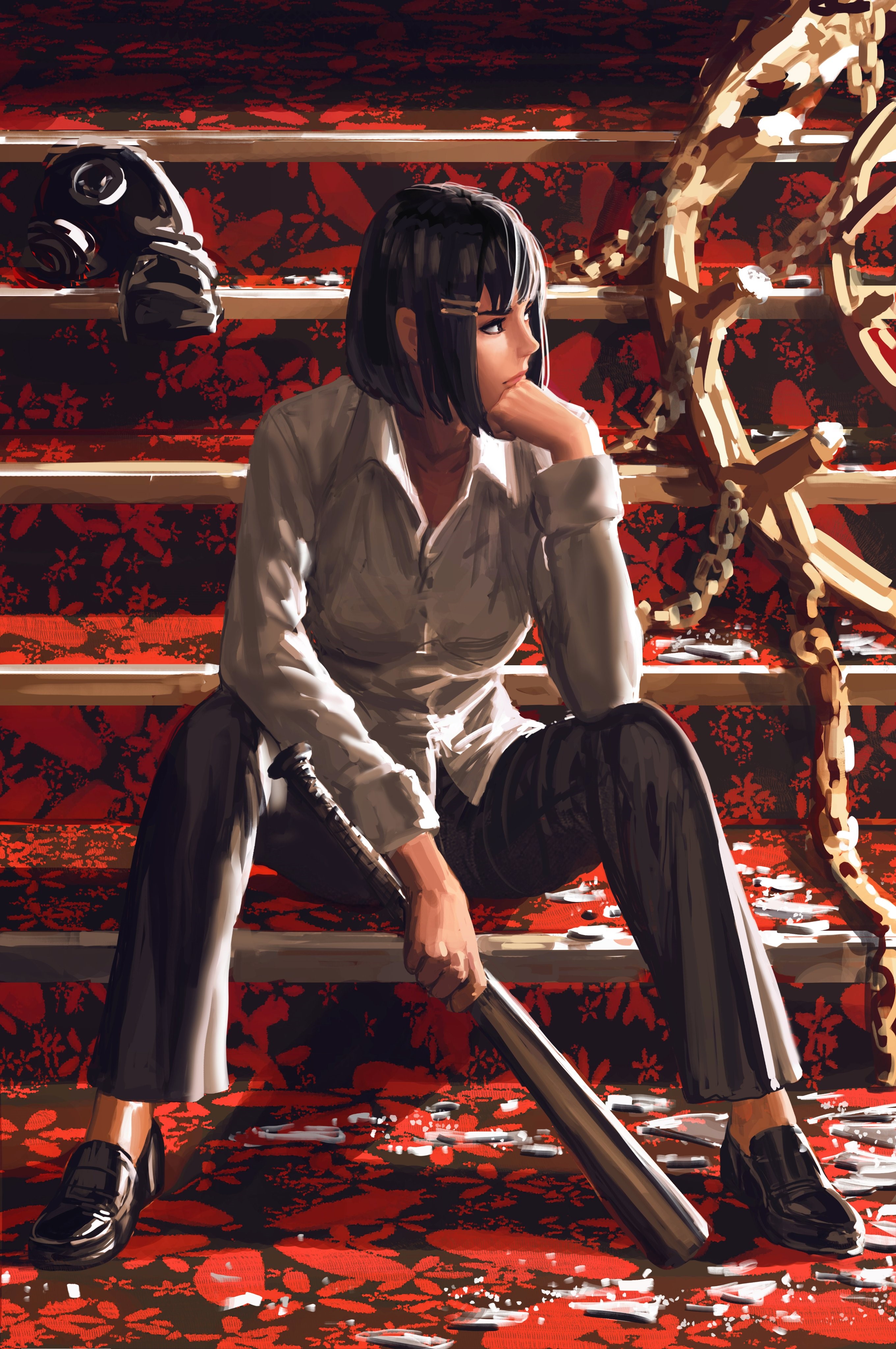 Woman with baseball bat on stairs HD Phone Wallpaper