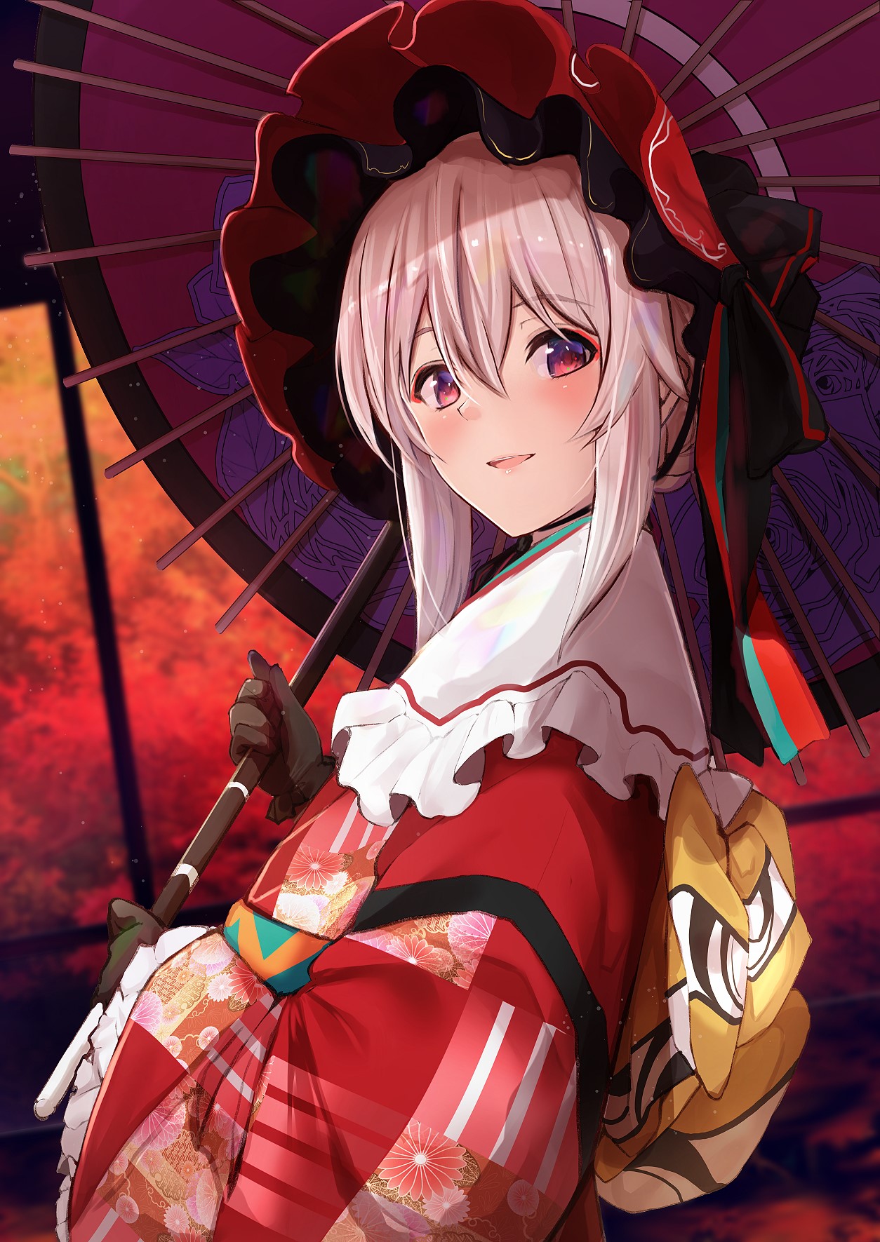 Anime girl in kimono holding an umbrella HD Phone Wallpaper
