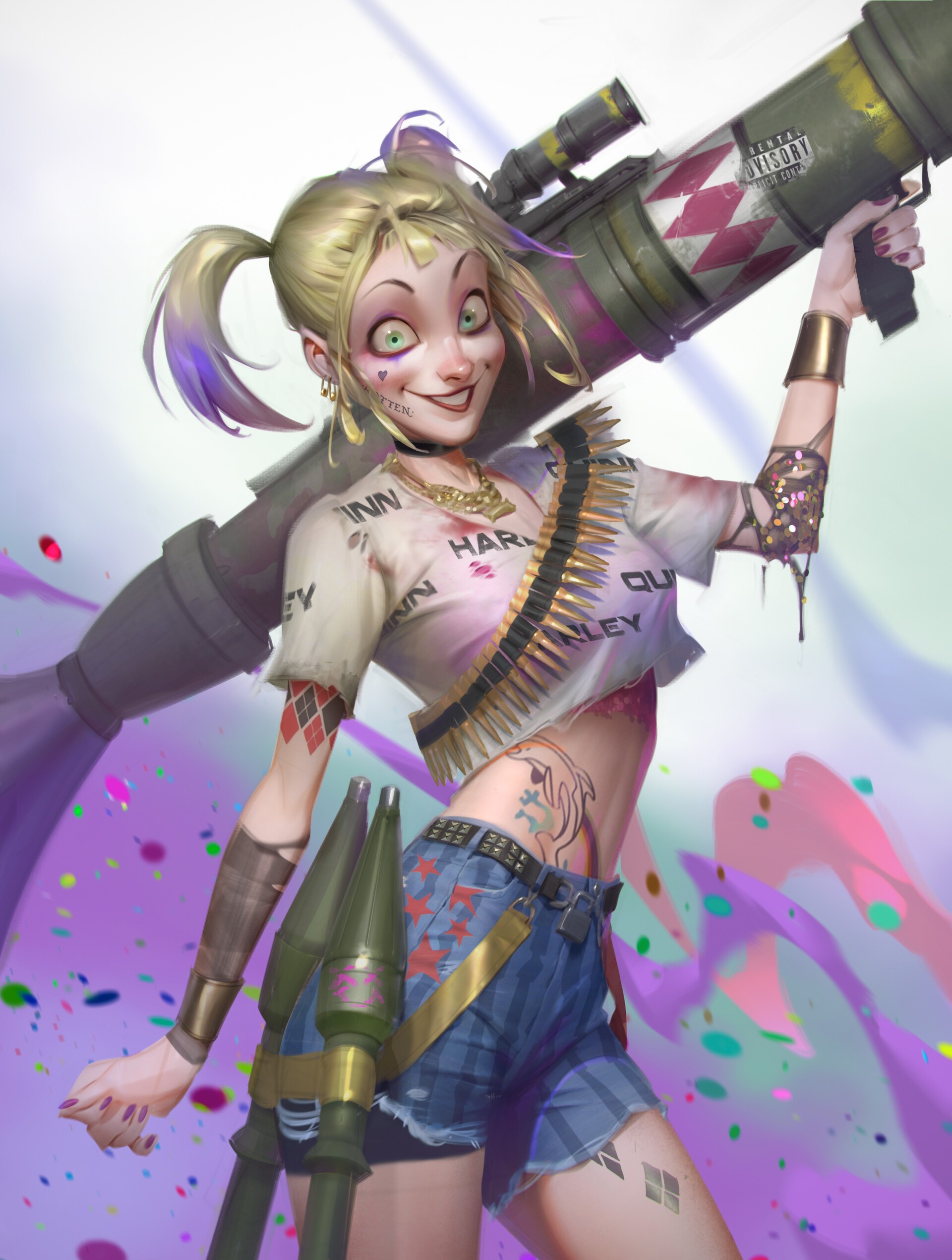 Harley Quinn with rocket launchers artwork HD Phone Wallpaper