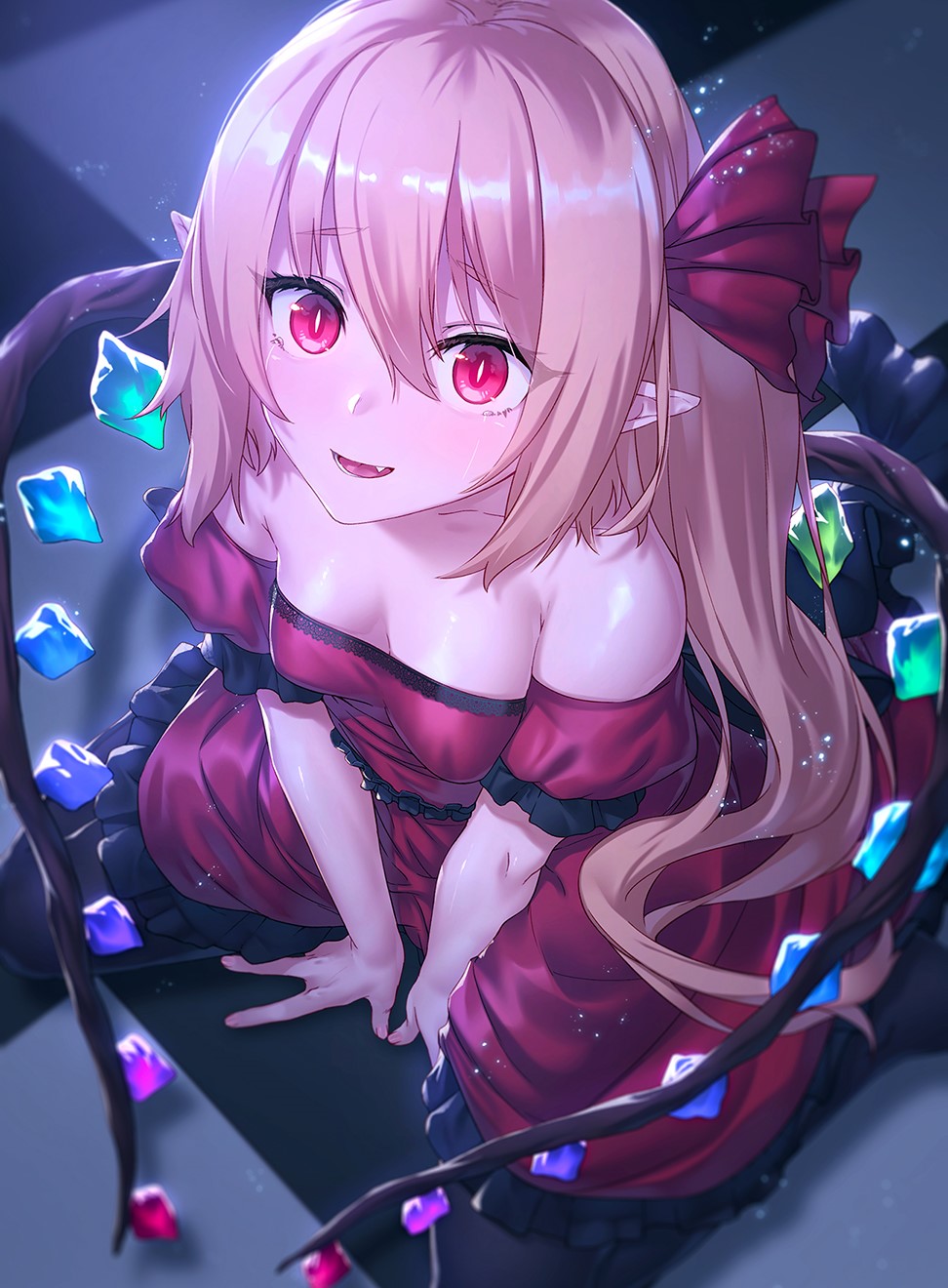 Flandre Scarlet from Touhou sitting with crystals HD Phone Wallpaper