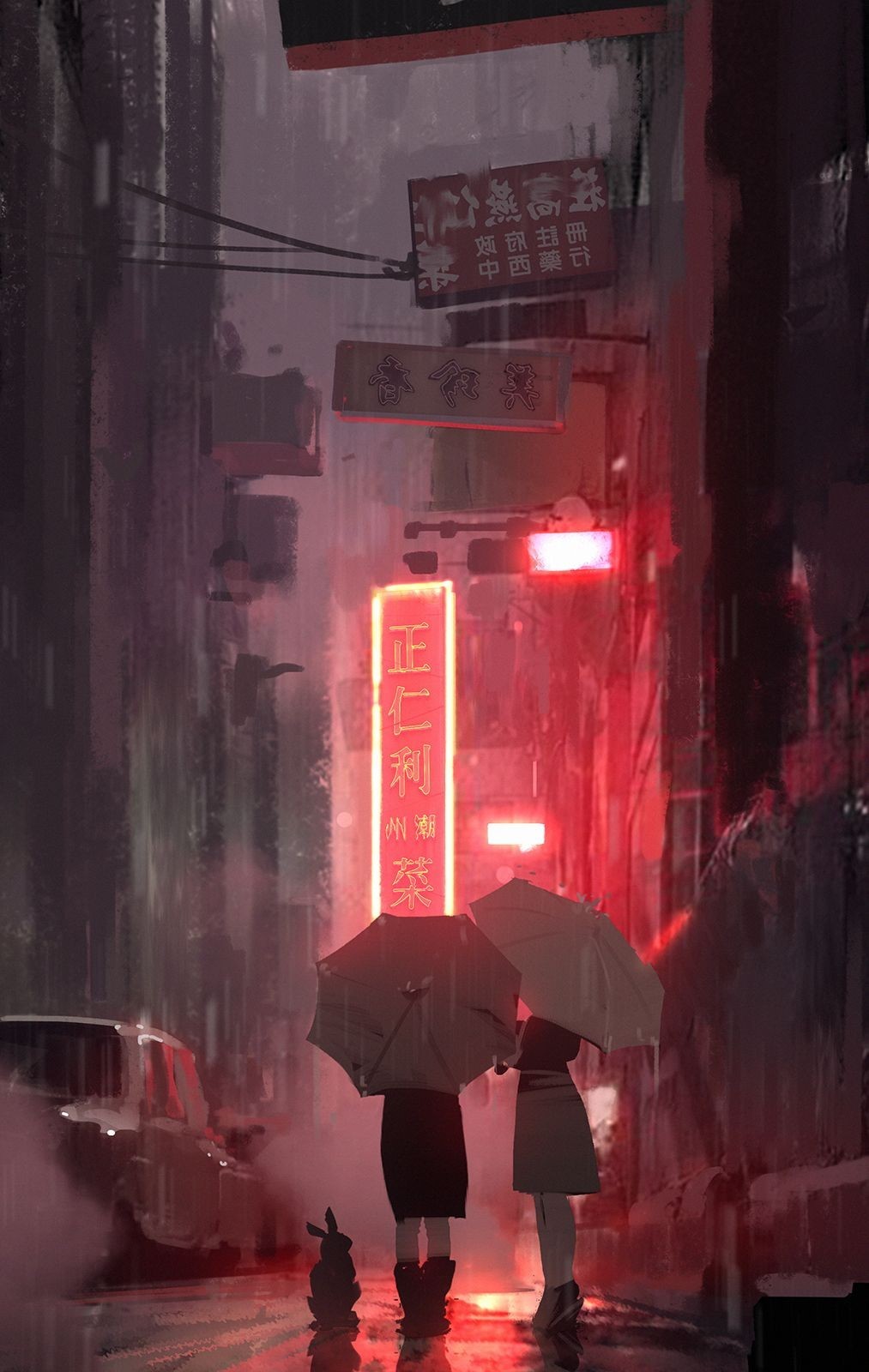 Two girls with umbrellas in the rain at night HD Phone Wallpaper