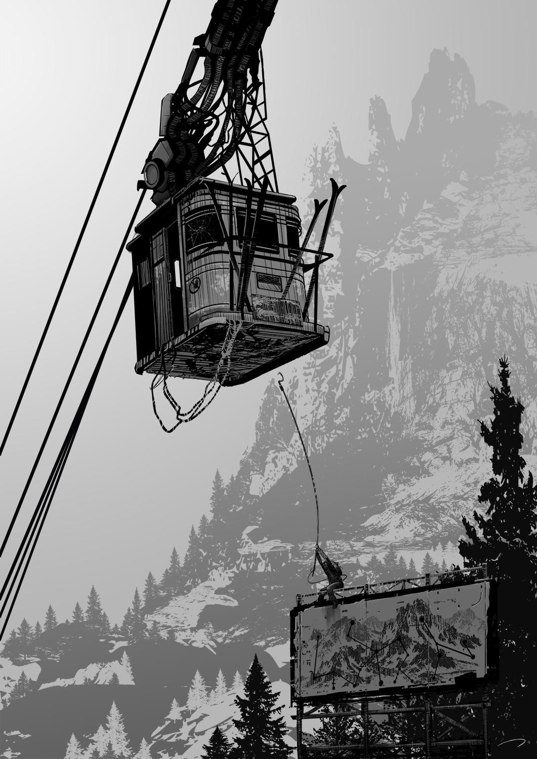 Monochrome artwork of a cable car over mountains HD Phone Wallpaper